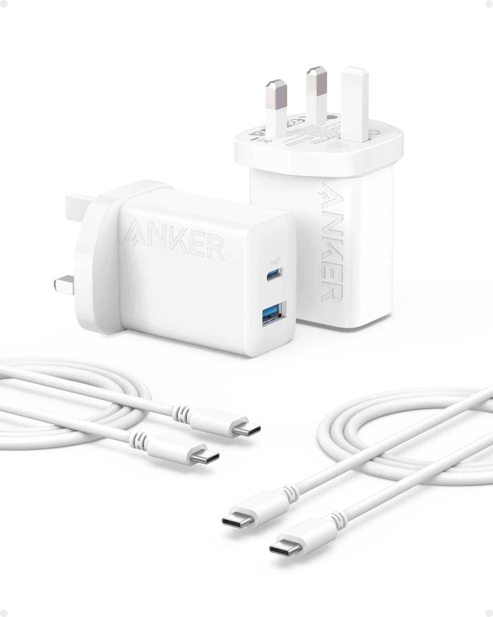 Anker USB C Plug, 2-Pack 20W Dual Port USB Fast Charger Plug, Charger for iPhone 17/16/ 15/15 Pro/15 Pro Max, iPad, AirPods, and More (2-Pack 5 ft Cables Included)