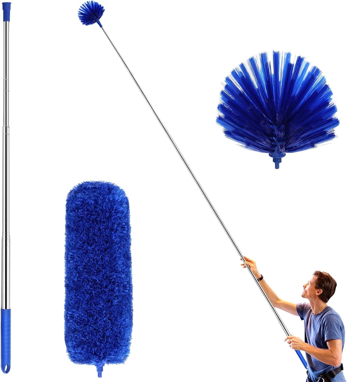 Microfiber Feather and Cobweb Duster With 100 Inches Extension Pole - Bendable, Washable for Ceiling Fan, High Ceiling, Blinds, Furniture, Cars (Blue)