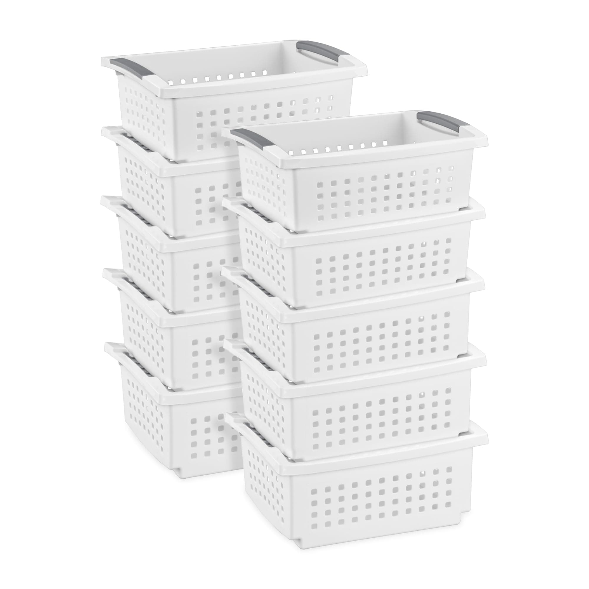 10-Pack Medium Stacking Basket, Open Top Plastic Storage Organizer, White - Stackable Crate Containers for Countertop, Cabinet, Pantry Shelf, Laundry Room, Bathroom & Home Office