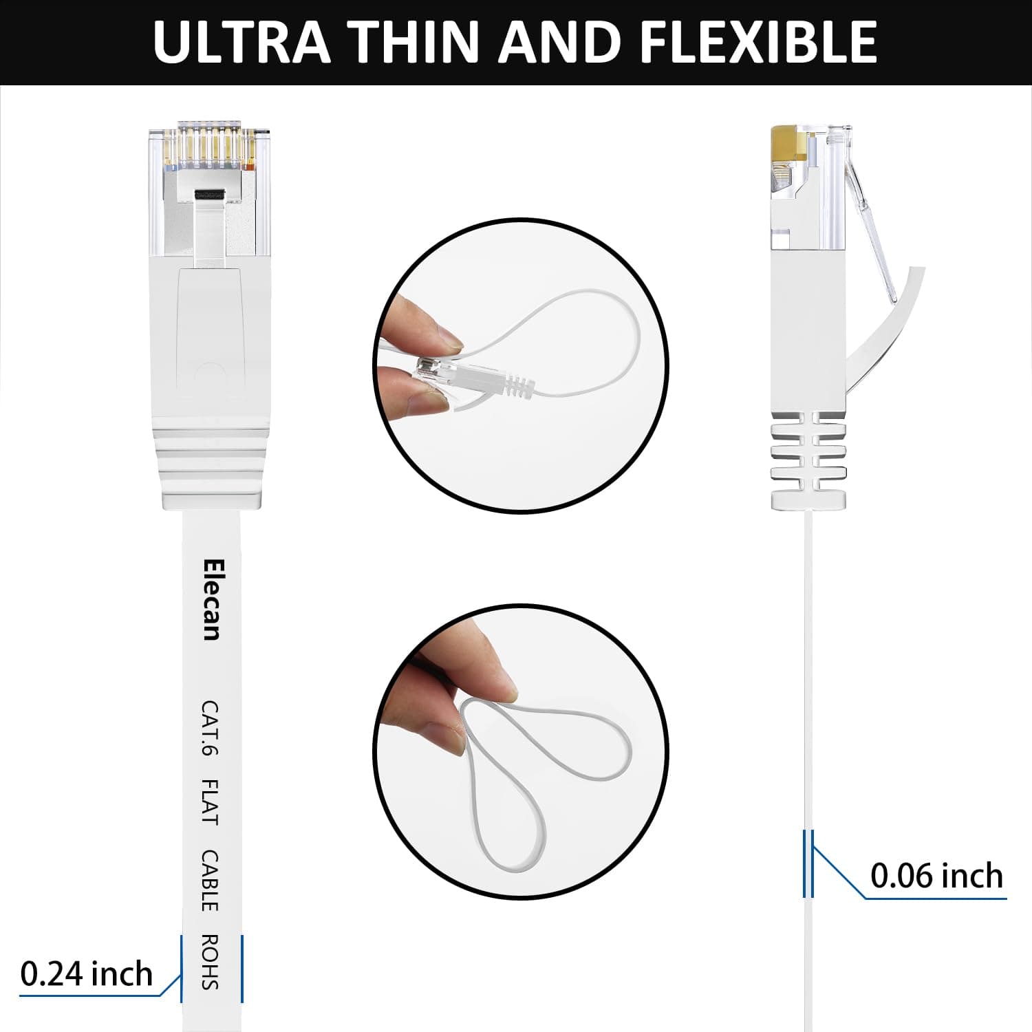 Elecan Cat 6 Flat Ethernet Cable 2 Ft/5 Pack, High Speed Slim Short Patch Cables Internet Cables, 30 AWG Pure Copper 10Gbps 500MHz,Thin Flexible for POE Cat6 Cat 5e Cat 5 Network Cable Cord-White