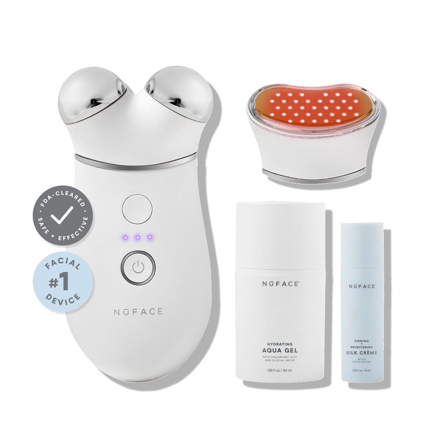 NuFACE Trinity+ Microcurrent Facial Device + LED Red Light Wrinkle Reducer Attachment - FDA Cleared Skin Tightening Device + Microcurrent Gel Activator & Silk Creme