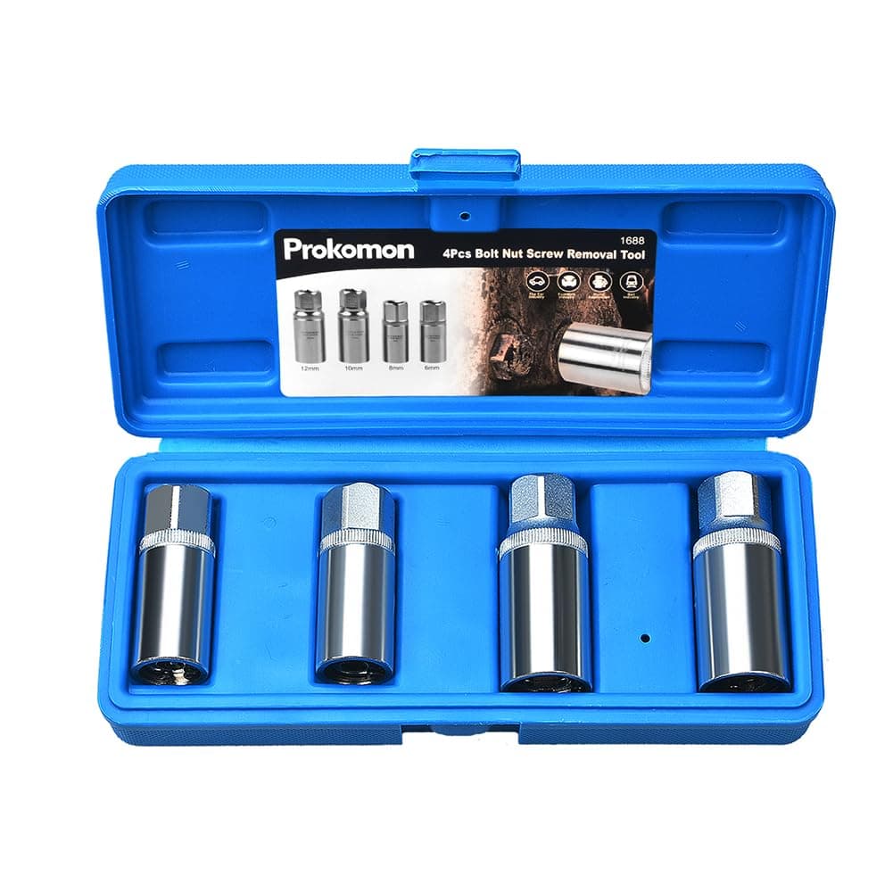 Prokomon Stud Extractor Set, Broken Stud Removal Socket 4-Piece Metric Stud Remover Set – Stud Puller Sockets 6, 8,10,12mm
