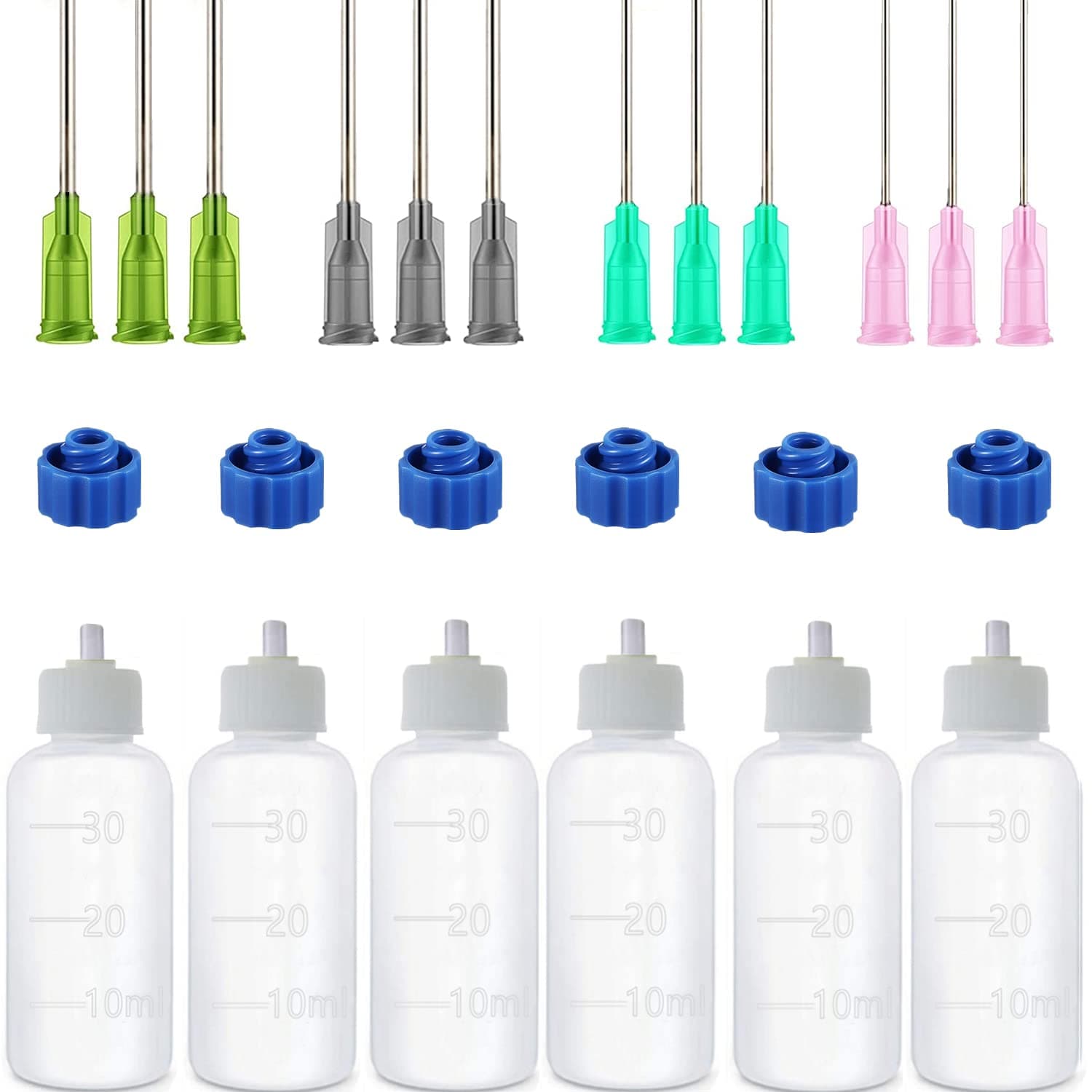 6 Pcs Glue Applicator Bottles, 30ml Plastic Squeezable Dropper Bottles with Blunt Needle Tip 14ga 16ga 18ga 20ga for Glue Applications, Paint Quilling Craft and Oil