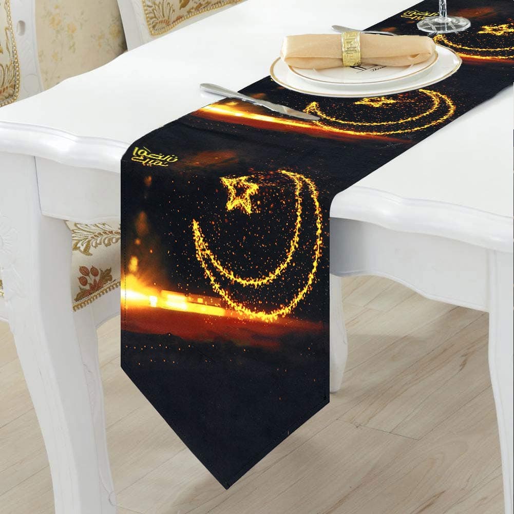 AerWo 12 x 70 Inch Eid Mubarak Table Runner Eid Table Decorations Happy Eid Mubarak 2019 Party Favors Ramadan Table Decorations