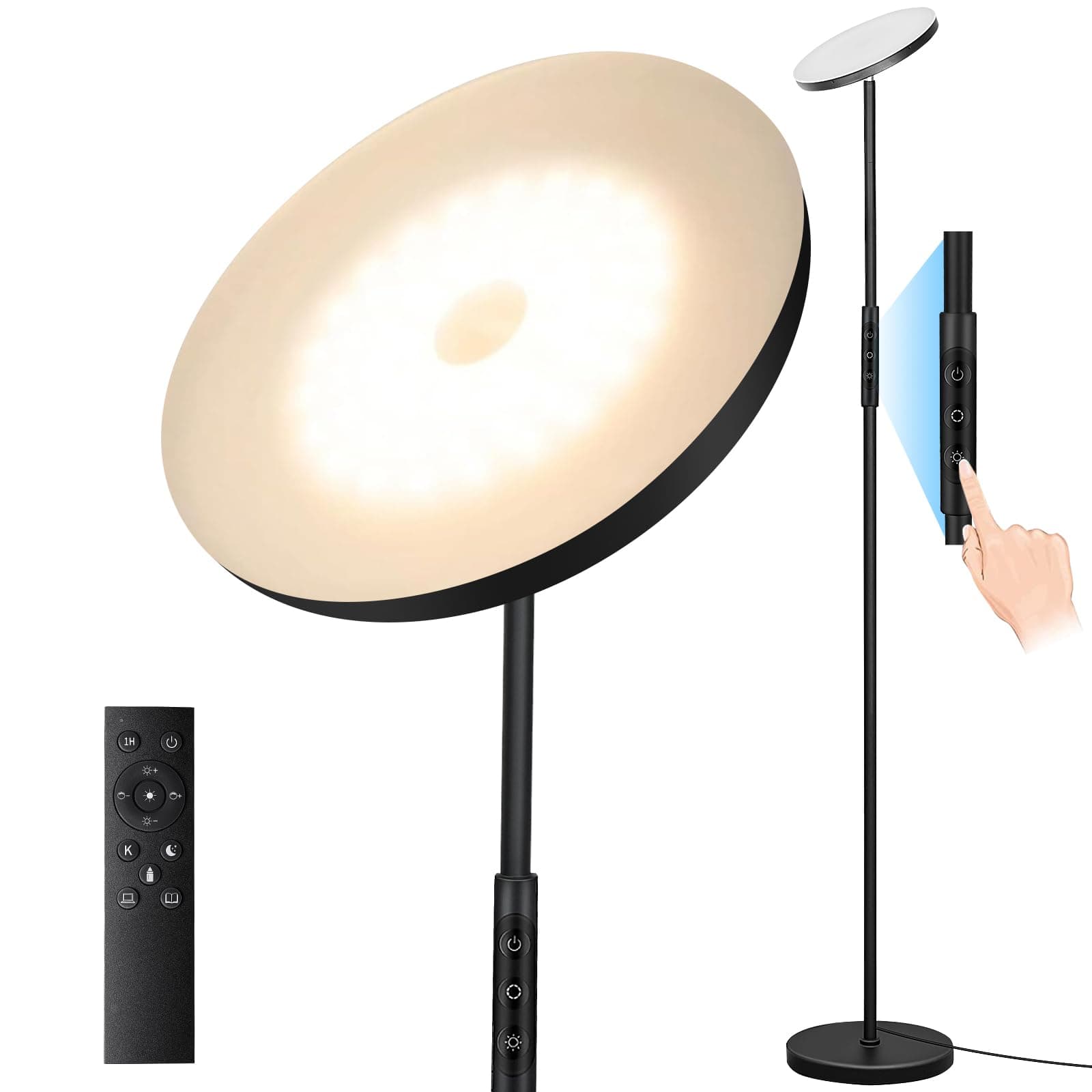 Floor Lamp, Modern LED Flashlight with Remote Control and Touch Control, 4 Color Temperatures, Gradual Dimming, Super Bright 2400LM/250W Equivalent Floor Lamp