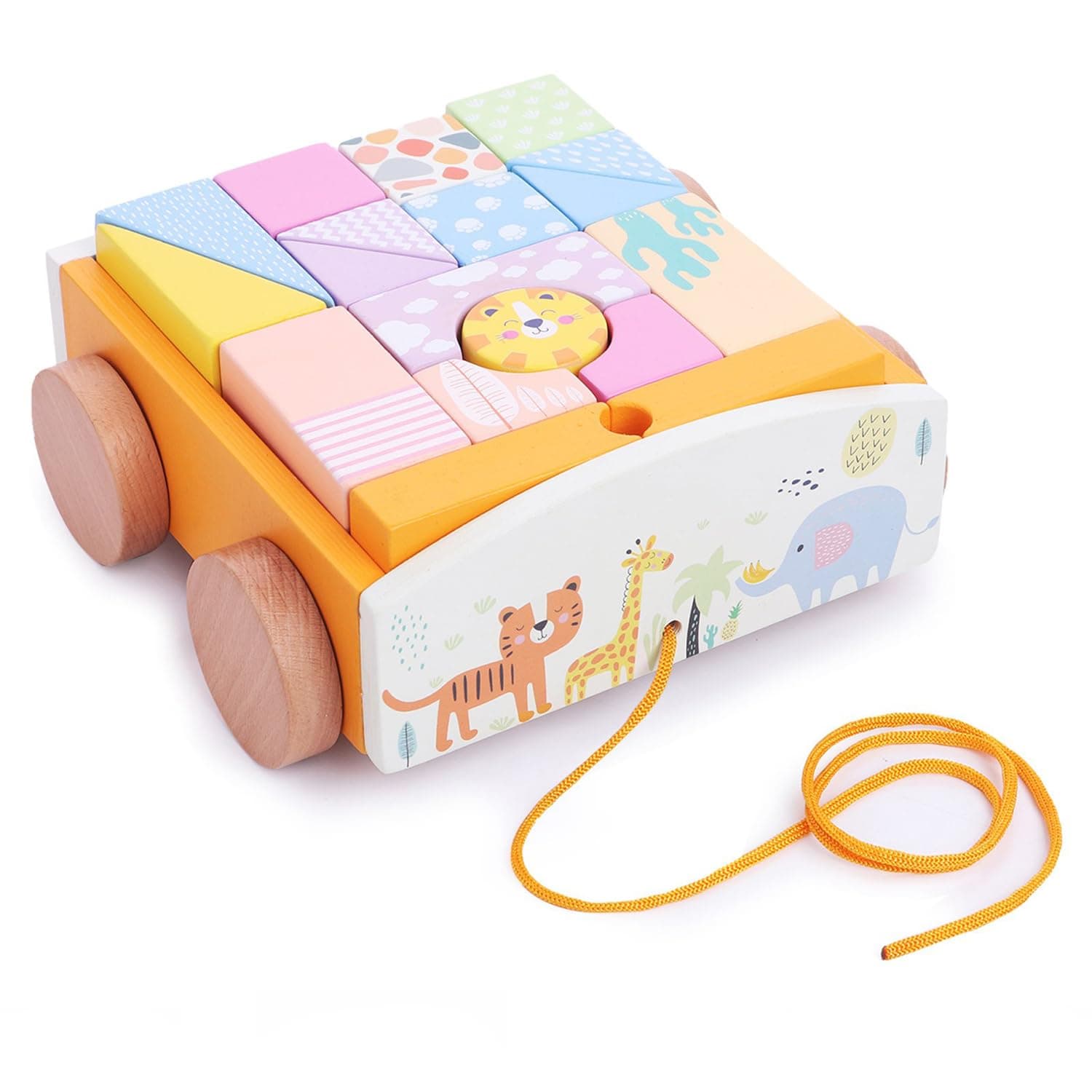 Premium Wooden Pull Along Shape Cart with Attached String for Babies | Shape Sorting Cart Pull Along Toy for Preschoolers | Encourages Walking to 20+ Months Babies | Non-Toxic