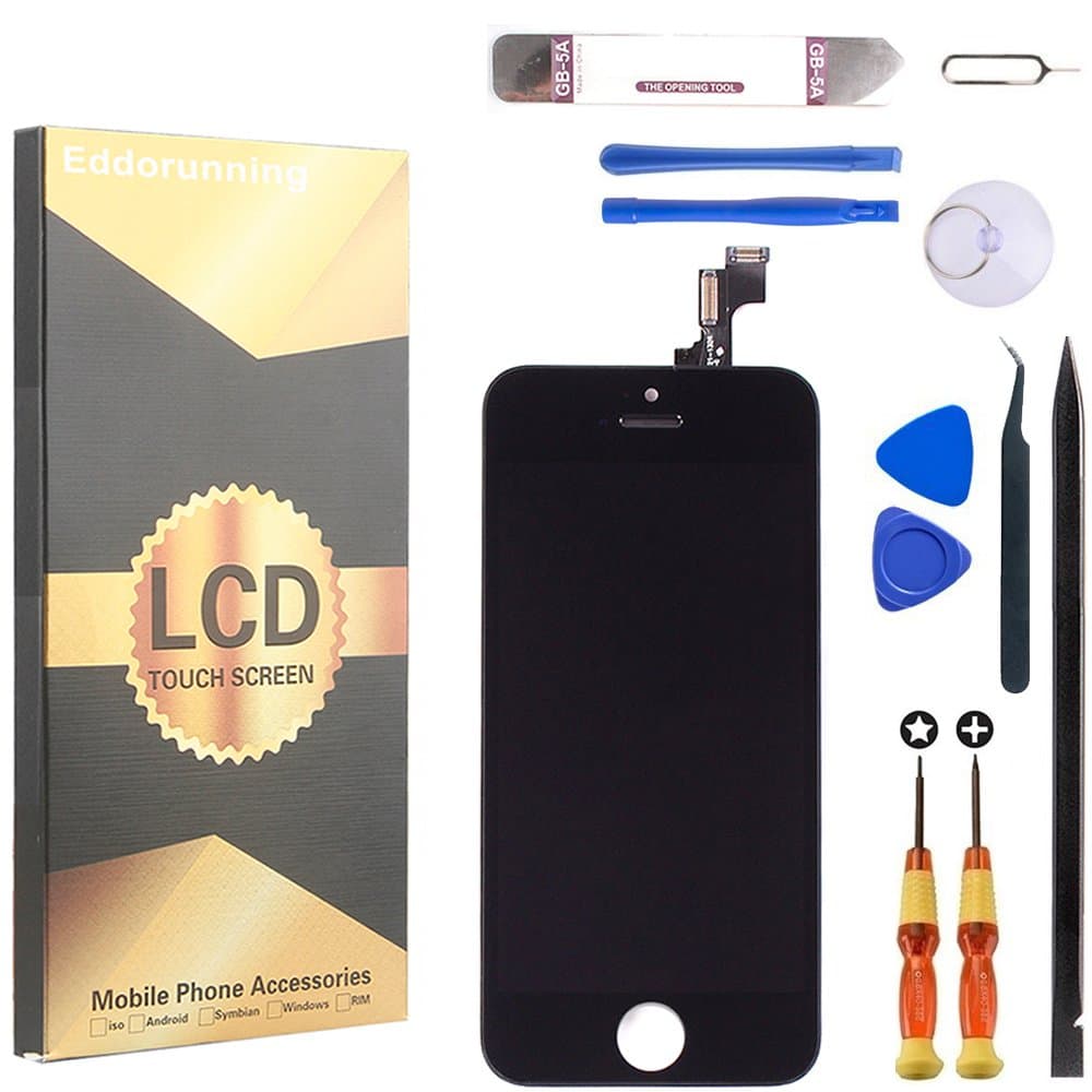 for iPhone 5s Screen Replacement LCD Display Touch Digitize Assembly with Front Camera Plastic Holder Earpiece Anti-Dust Mesh and Repair Tool Kit Black (4.0 inch)