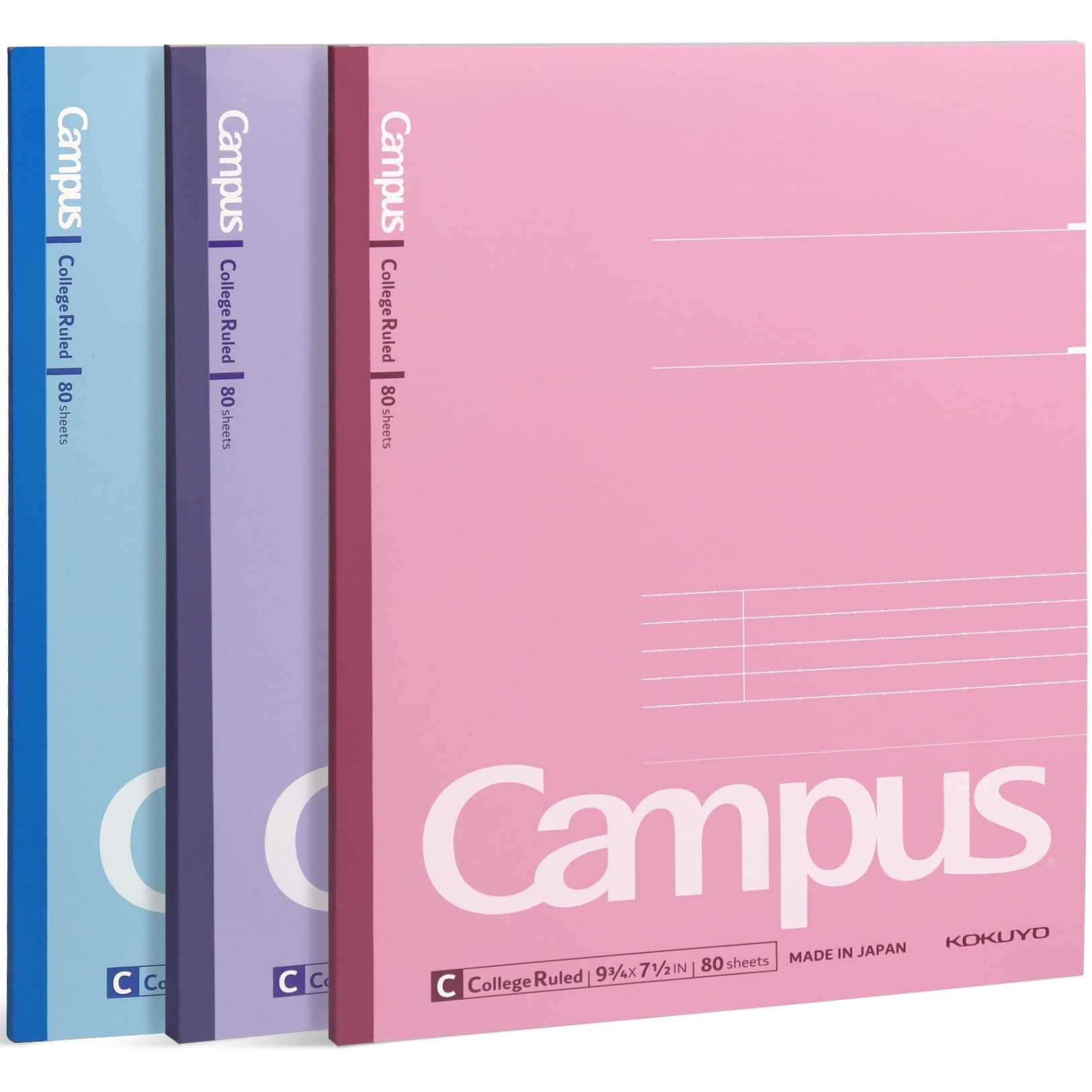 KOKUYO Composition Notebook, 3 Pack, Campus 9-3/4" x 7-1/2", Comp Book, College Ruled, 80 Sheets, Pink Blue Lavender, School Ruled Notebook for Work, Study and Take Notes (WSG-NO-308CG1x3)