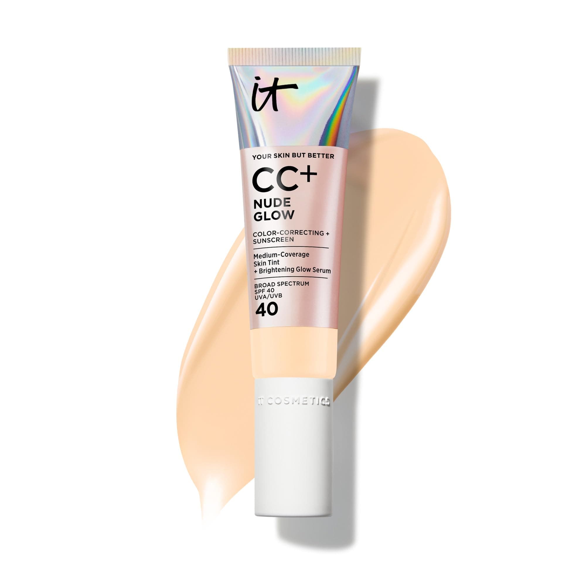 CC+ Nude Glow SPF 40 - Medium Coverage Foundation, 2% Niacinamide + Hyaluronic Acid Brightening Glow Serum, Lightweight Up to 24H Hydration, Normal to Dry & Mature Skin - 1.08 fl oz