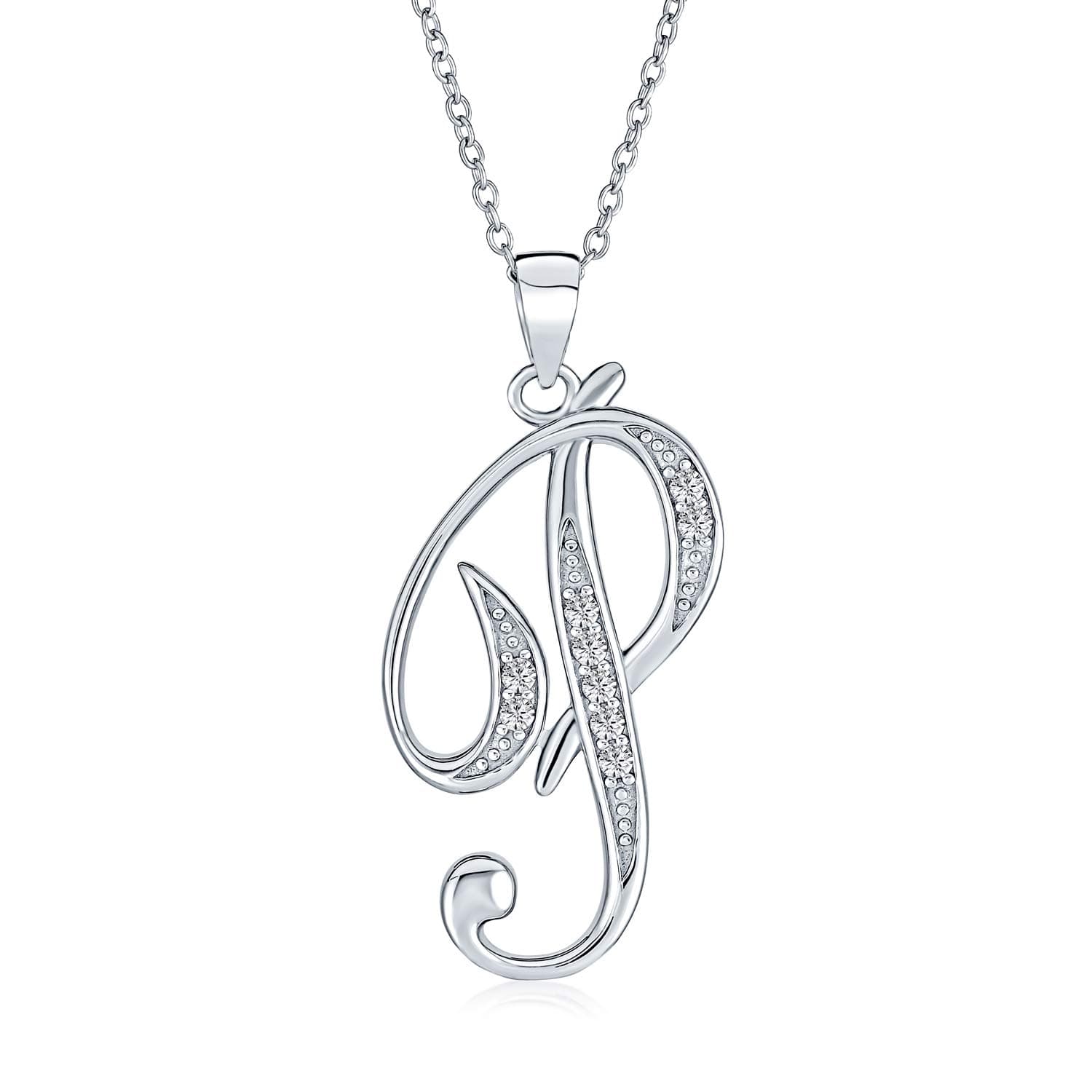 ABC Cubic Zirconia Pave CZ Cursive Script Letter Alphabet Initial Pendant Necklace For Teen Women .925 Sterling Silver