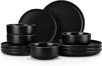 Plates and Bowls Sets, 12 Pieces Porcelain Dinnerware Set for 4 Kitchen Dinner Ware Set Ceramic Dishware Dishes Microwave and Dishwasher Safe, Black, Series LUNA