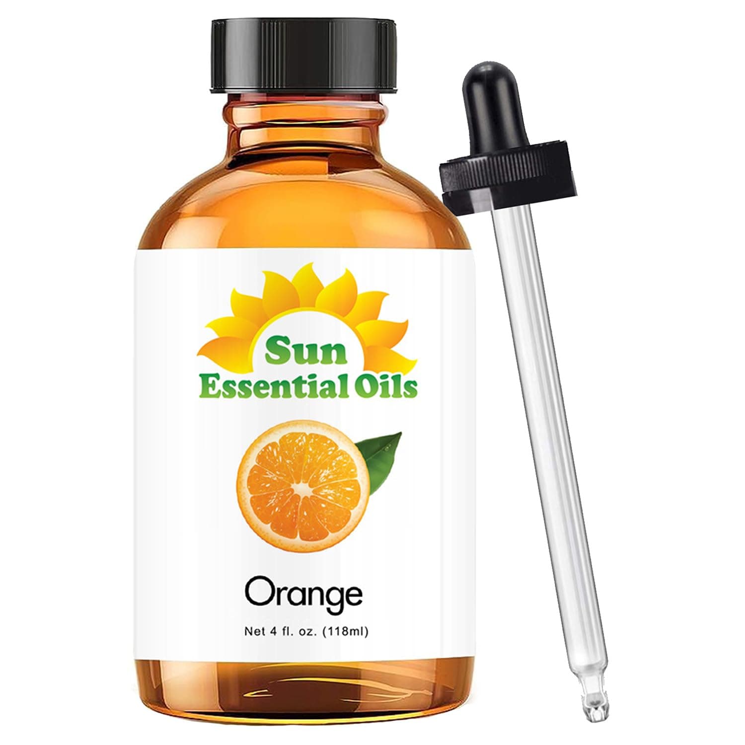 Sun Essential Oils - Sweet Orange Essential Oil 4 oz with Dropper for Diffusers, Hair, Skin Care, Aromatherapy Massage, Candle, Soap, Lotion & Cleaning Products Making, Citrus Scent for Home