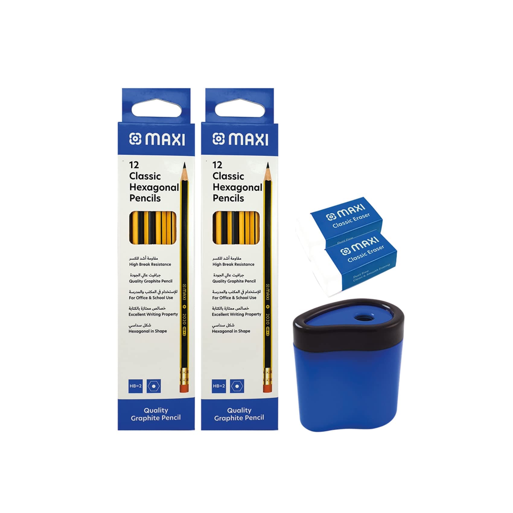 Maxi Hexagonal Graphite Pencil HB with Eraser tip 24pcs + Plastic Barrel Sharpener + PVC Free Classic Eraser-2pcs (Writing Combo Pack)