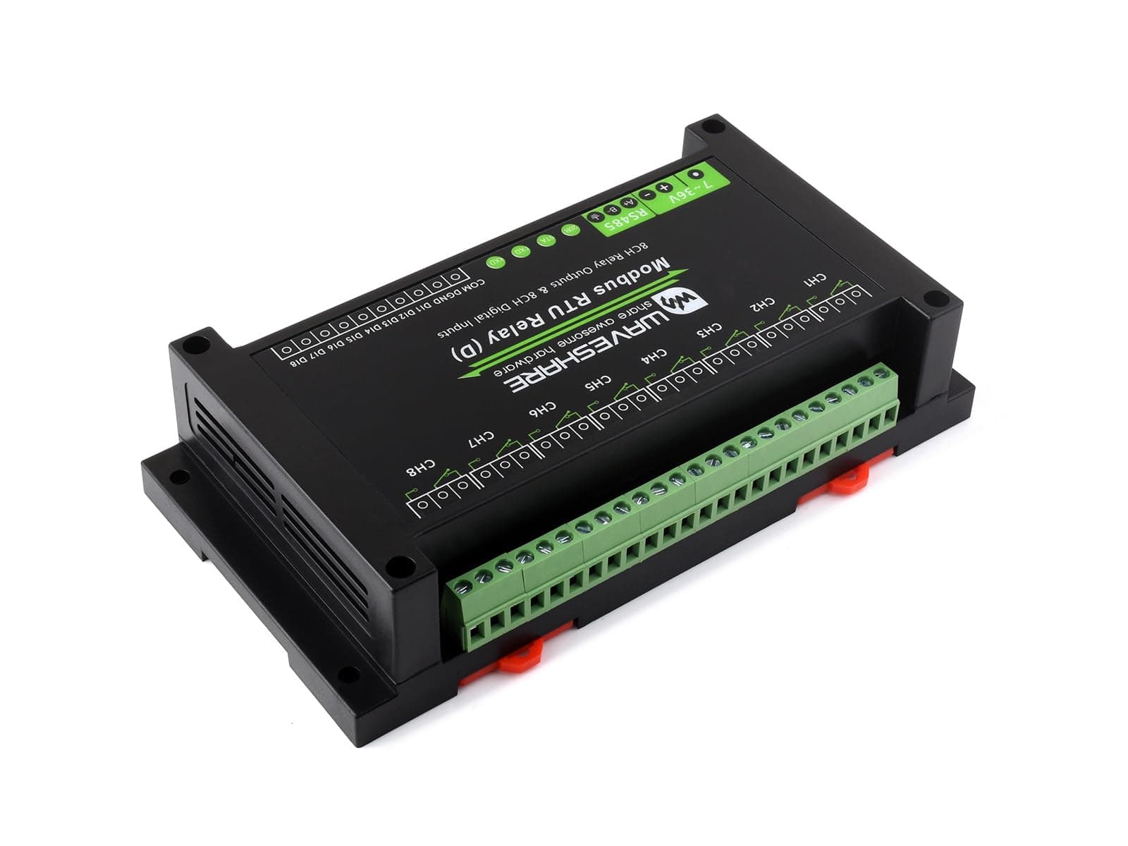 Industrial Modbus RTU 8-Ch Relay Module (D) With Digital Input And RS485 Interface, Multi Isolation Protection Circuits, 7~36V Power Supply