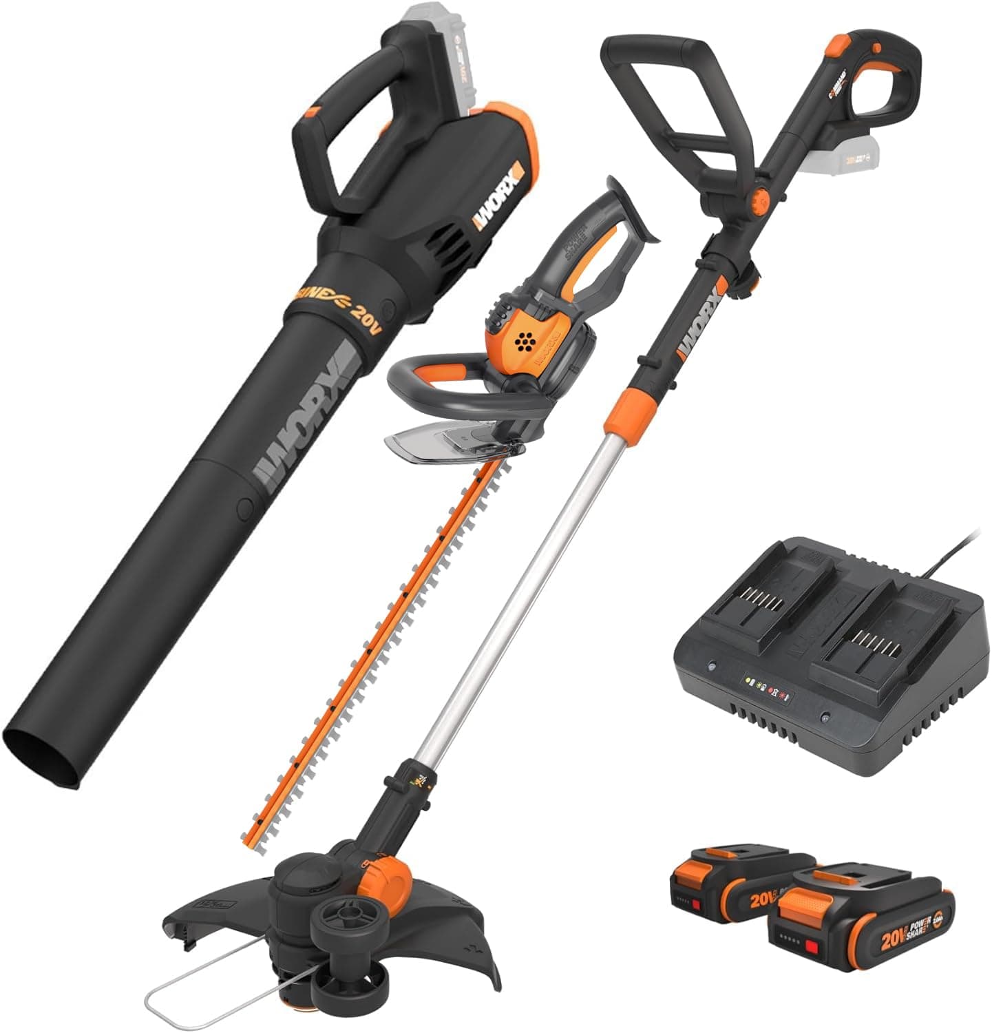WORX 20V 12'' Cordless String Trimmer, 360 CFM Leaf Blower & 22'' Hedge Trimmer Combo, 2 Batteries & Charger Included, WG931