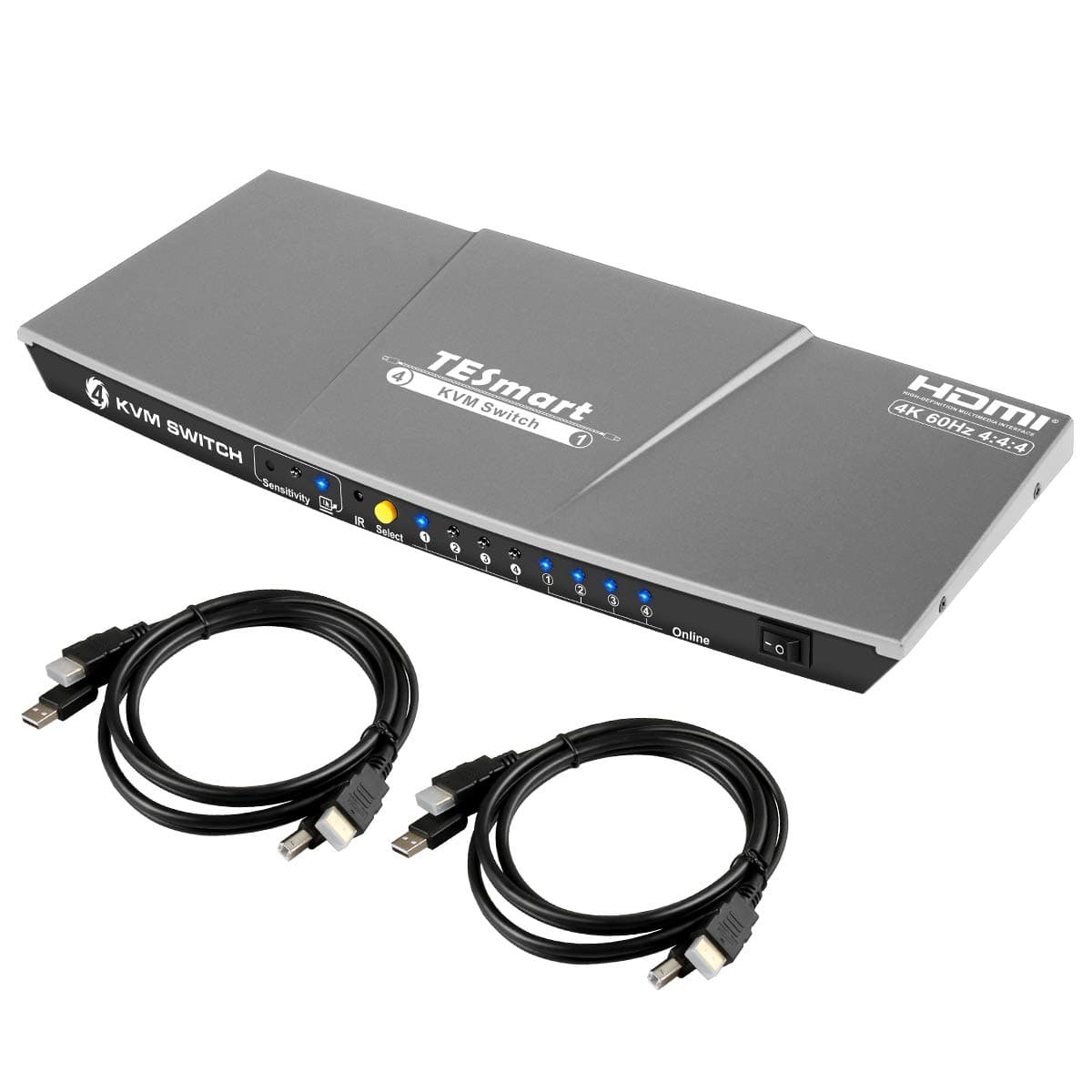 TESmart KVM 4 Port Switch with Multimedia (Includes 2 Cables w/USB & Remote)