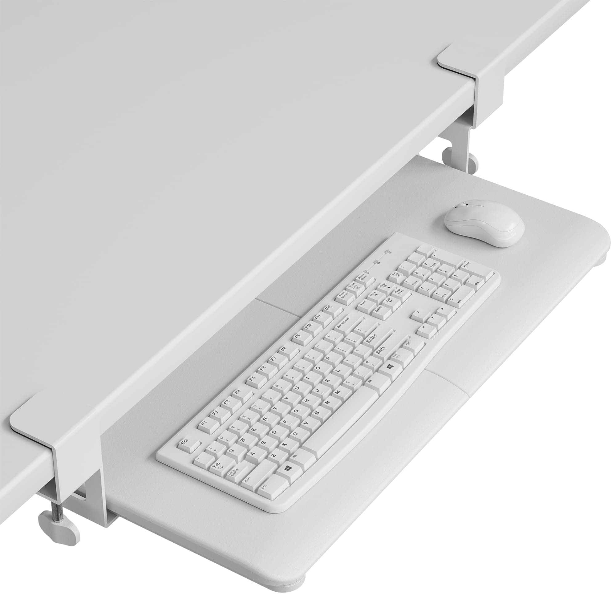 BONTEC KMT01 Under Desk Keyboard Tray Pull Out Keyboard & Mouse Platform with C-Clamp 25.5 x 11.8 Inches Space Saving Ergonomic Slide-Out Drawer White