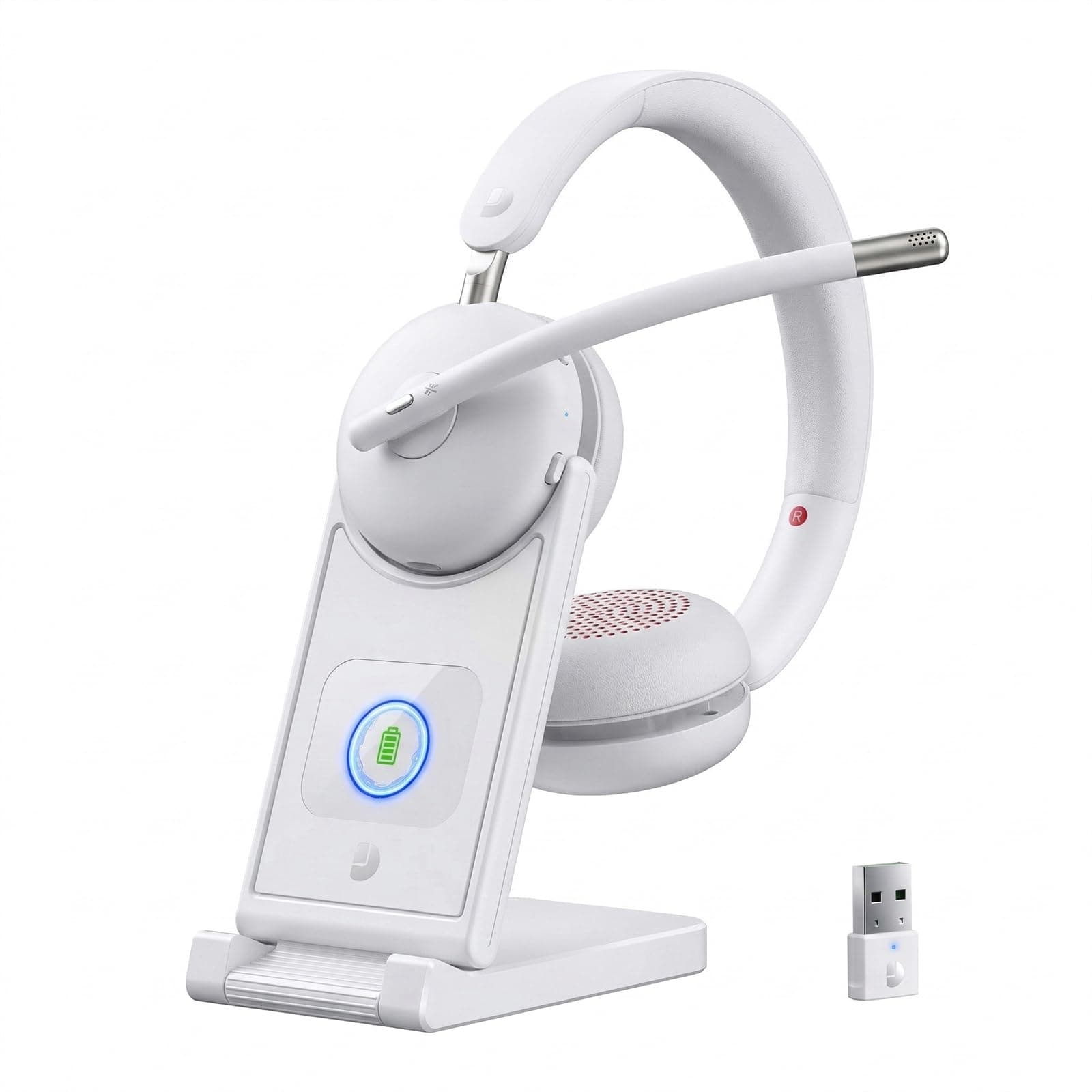 Wireless Headset with Mic for Work-Bluetooth 5.3 Headset with Noise Cancelling, Wireless Headsets with 65Hrs Battery & 10Min Fast Charge, Smart Dock with Digital Display for PC/Computer White