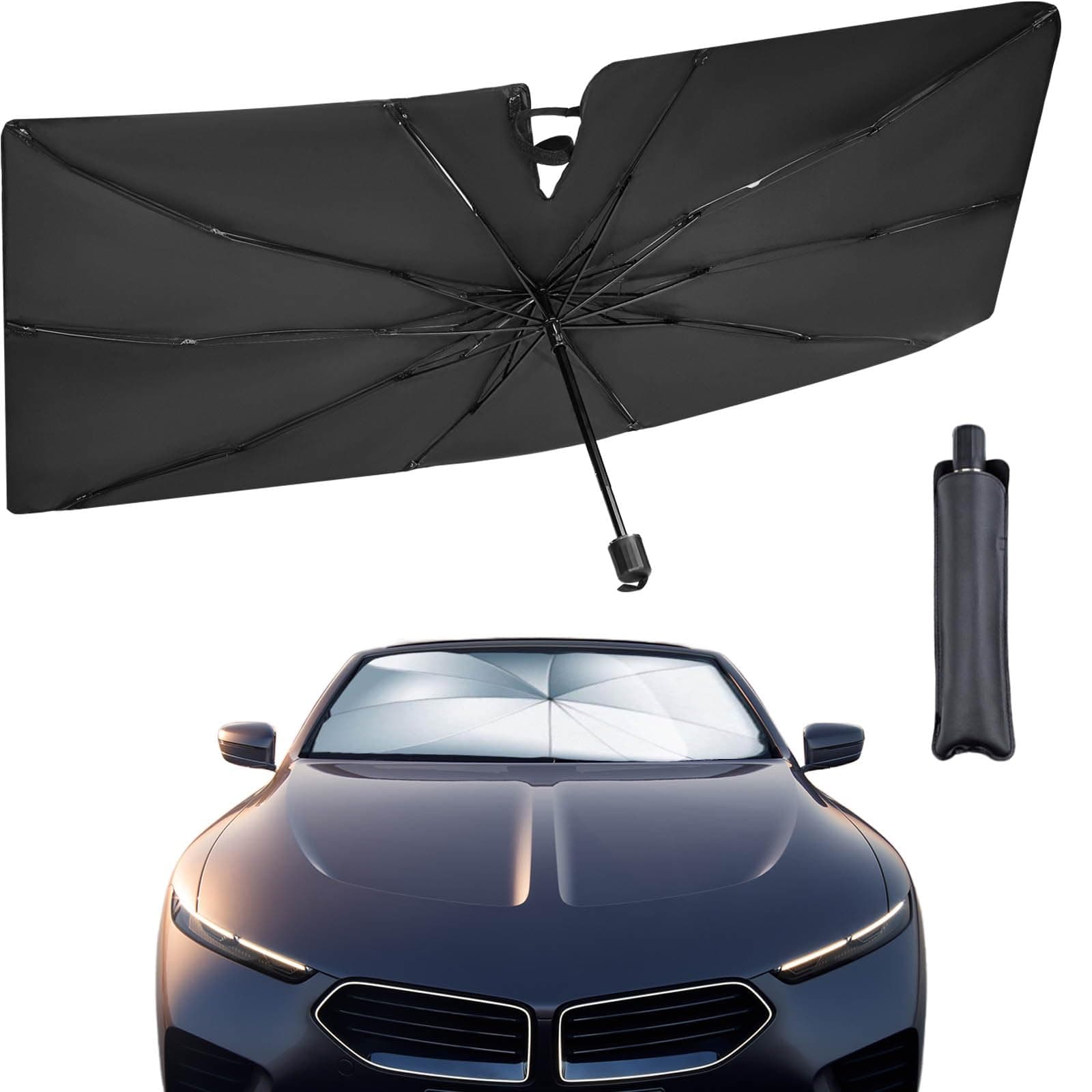 UVANTI Car Windshield Sun Shade Umbrella, Foldable Car Front Window Sunshade, Block UV Rays & Sun Heat Insulation, Automotive Windshield Sunshades Fit Most Vehicles - 57 x 31 inches