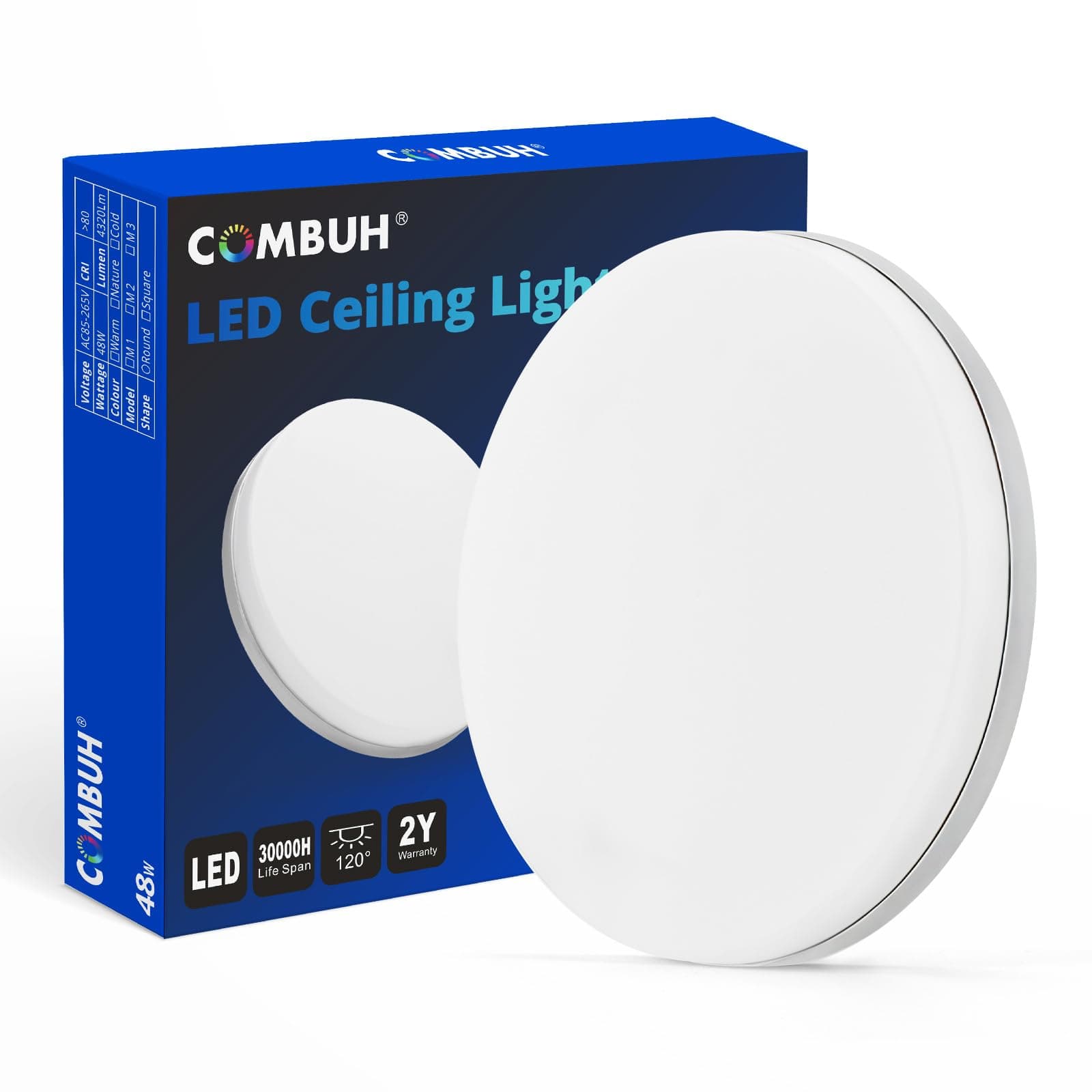 Combuh LED Flush Ceiling Light Cool White 6500K, 30CM Bright 48W, IP44 Waterproof, Round Modern Lighting Fitting for Bathroom, Kitchen, Living Room, Roof, Office