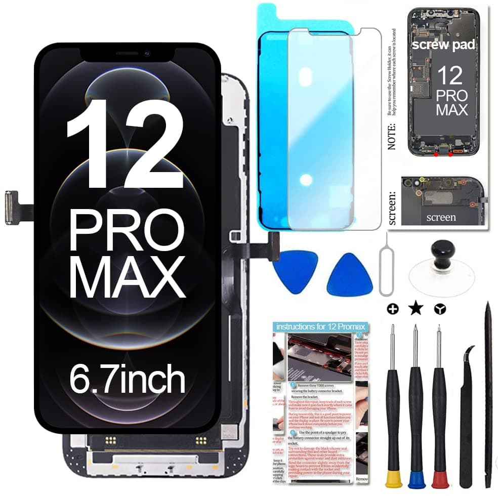 LCD Screen for iPhone 12 Pro Max Screen Replacement 6.7 inch(A2342, A2410, A2412, A2411),3D Touch Display Digitizer Frame Assembly with Repair Tools