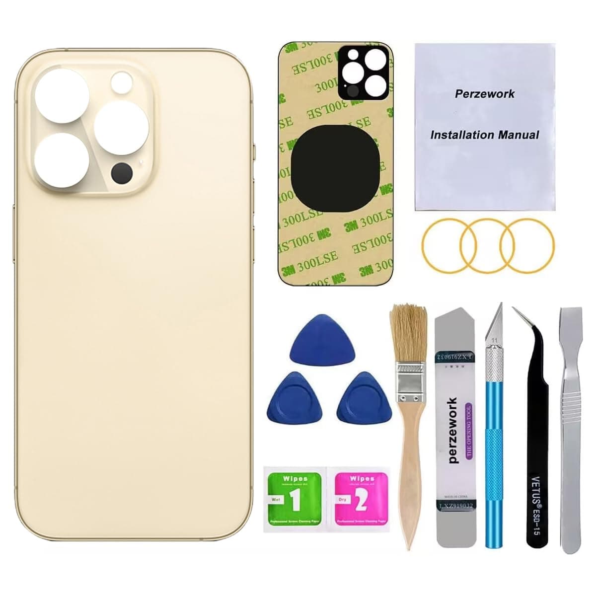 OEM Rear Back Glass Replacement Compatible with iPhone 14 Pro 6.1 inches with Reparing Toolkit and Pre-Installed Adhesive (Gold)