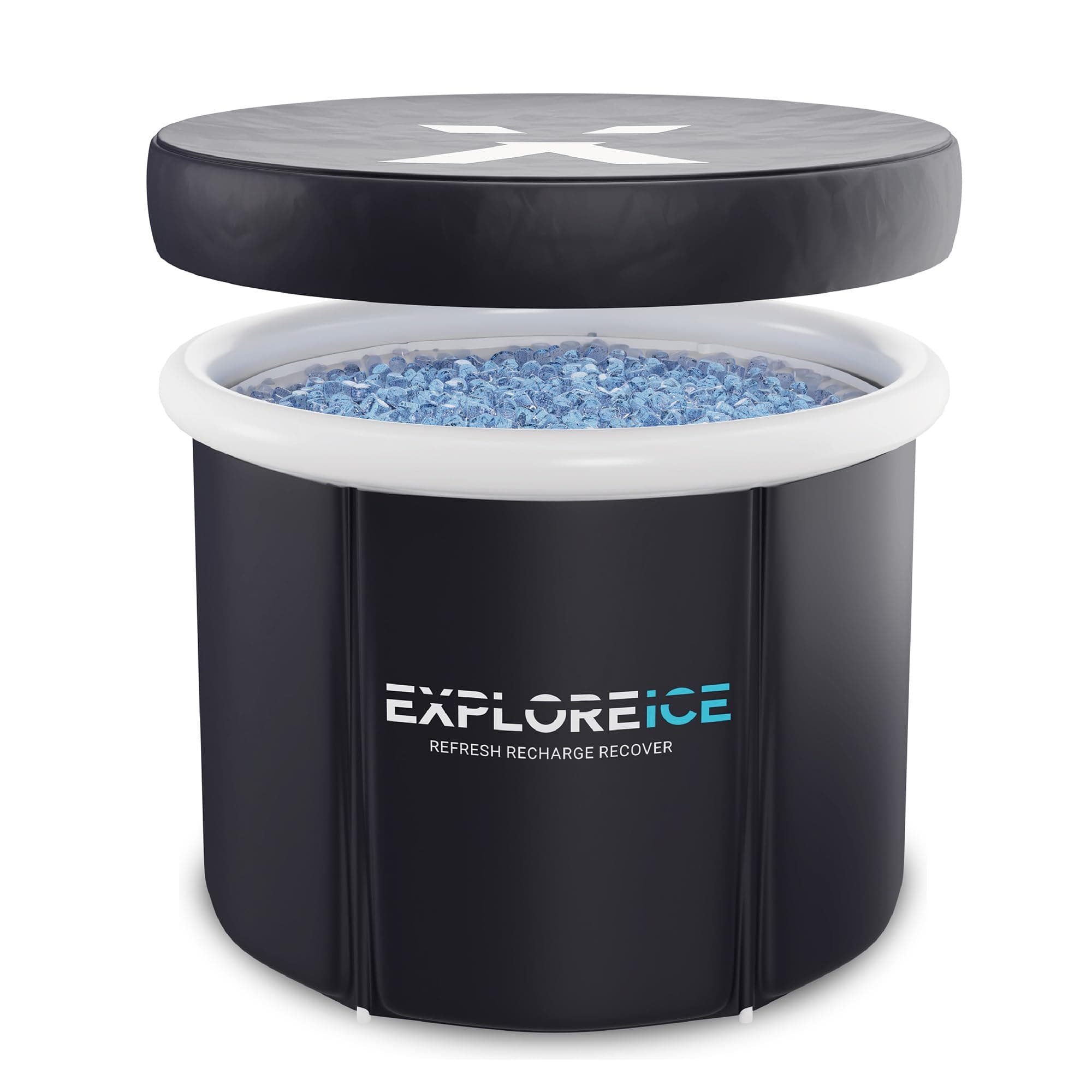 Explore Ice Bath Pro Max Extra Large Outdoor Inflatable Portable Athlete Cold Water Therapy Plunge Barrel Bath Tub with Lid and Carry Bag, Black/White