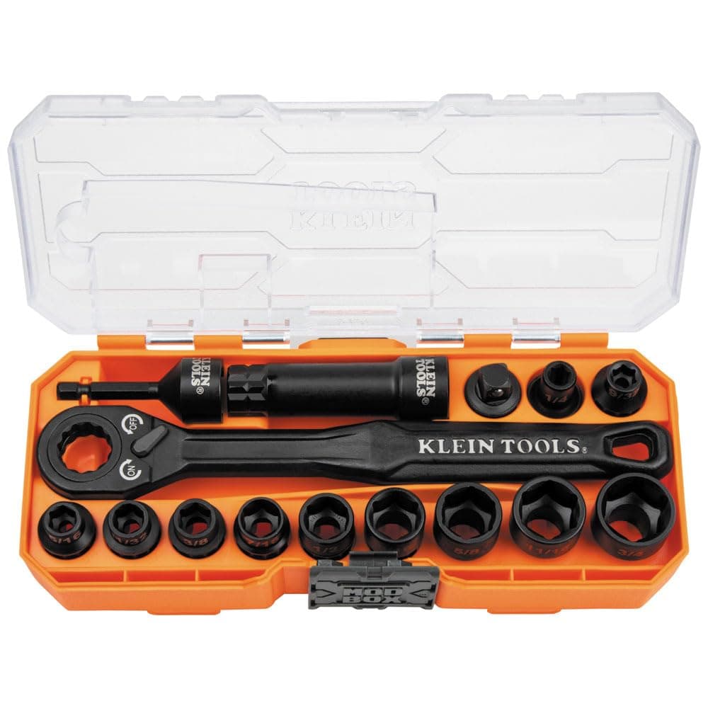 Klein Tools 65400 KNECT 15-Piece Pass Through Socket Set, SAE Impact Set with MODbox Case, Sockets, Bits, Accessories and 3/8-Inch Drive Adapter