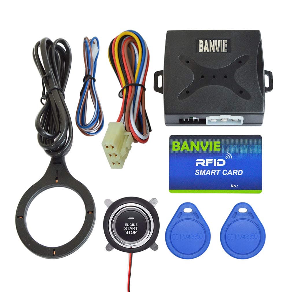 Car RFID Alarm System Push to Engine Start Stop Button for Security Anti-Thief (Blue RFID Key)