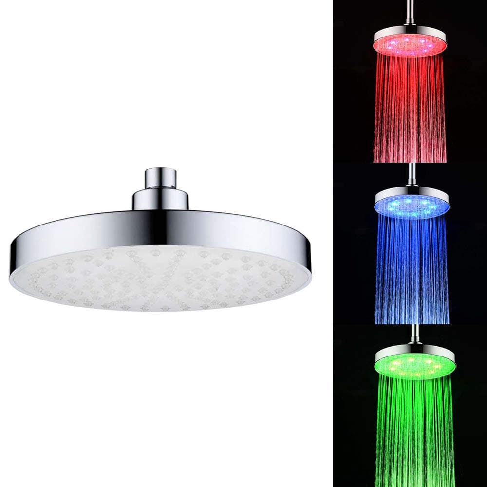 Baugger Automatic 8 L-EDs 3 Colors Changing Light Shower H-ead Round Circle Design Bath Sprinkler Temperature C-ontrol Sensor Inductor