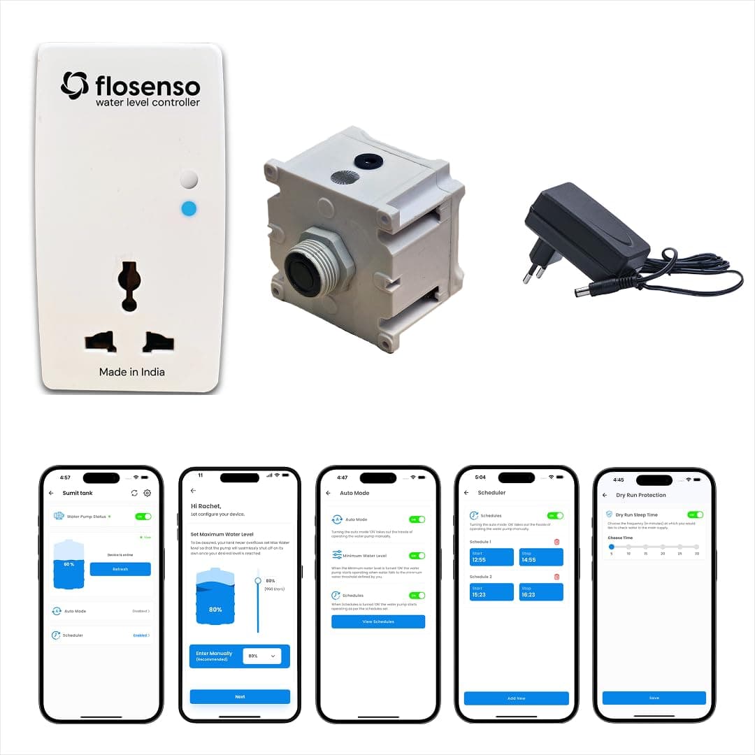 Flosenso Pro - Fully Automatic Water Level Controller with Ultrasonic Sensor and Mobile App with Realtime Monitoring, Dry Run Protection, Schedulers and Mobile Alerts & Notifications | 16 AMP