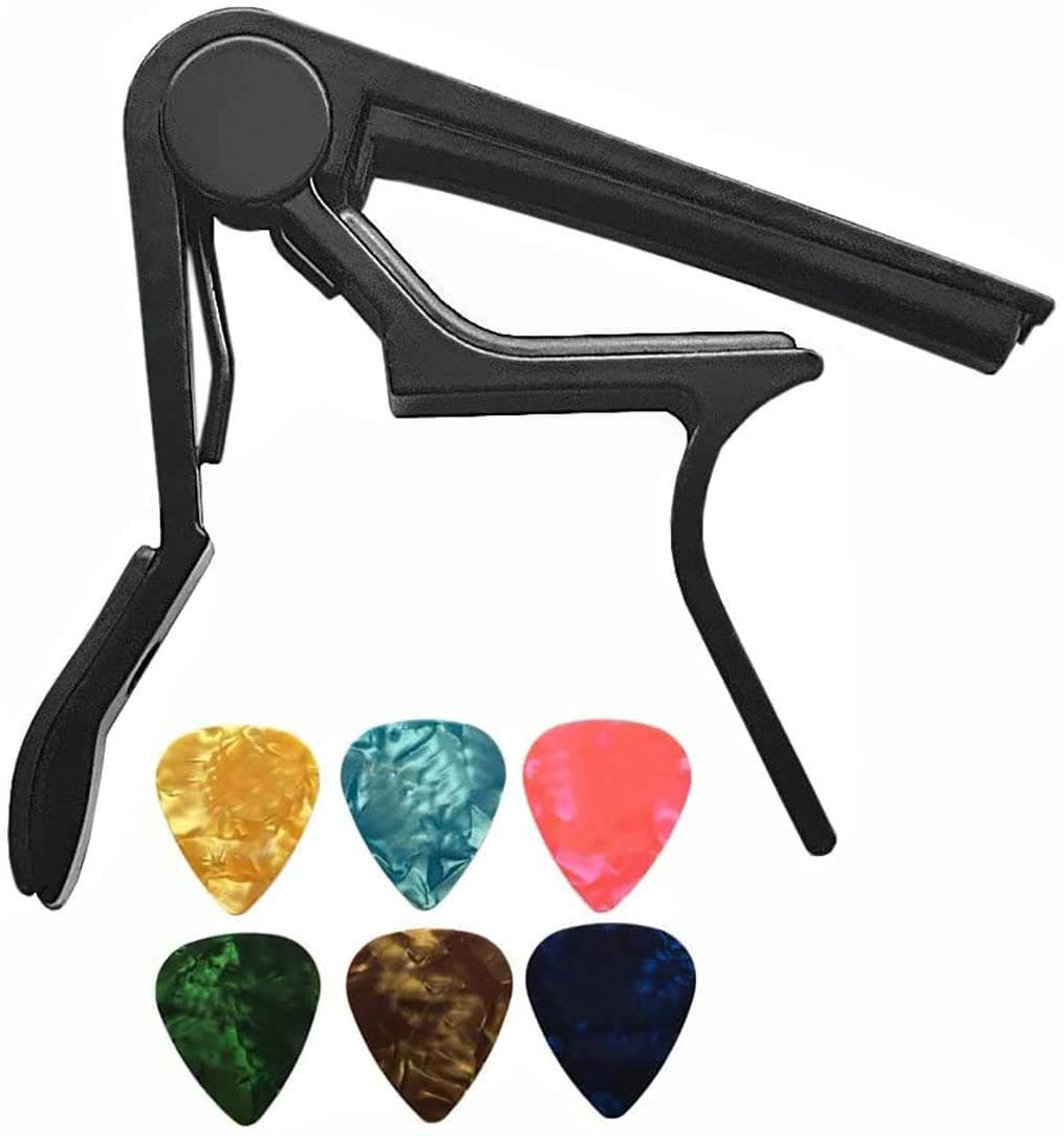 DELFINO Guitar Capo (2 Pcs) With 6 Picks - Trigger Key Clamp for Quick Change - Acoustic, Electric Guitar, Ukulele, and Bass Accessories