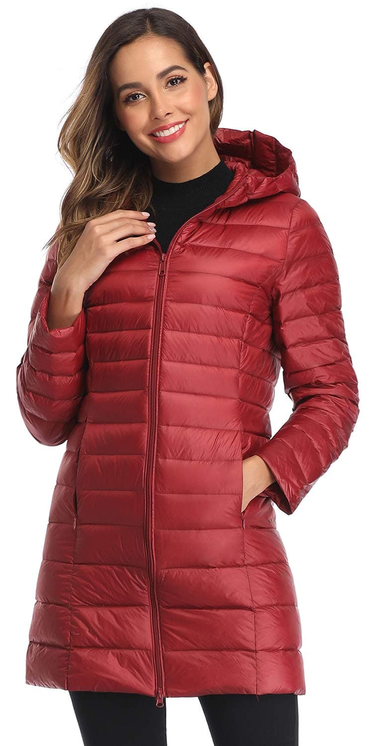 Obosoyo Women's Winter Packable Down Jacket Plus Size Ultralight Long Down Outerwear Puffer Jacket Hooded Coat