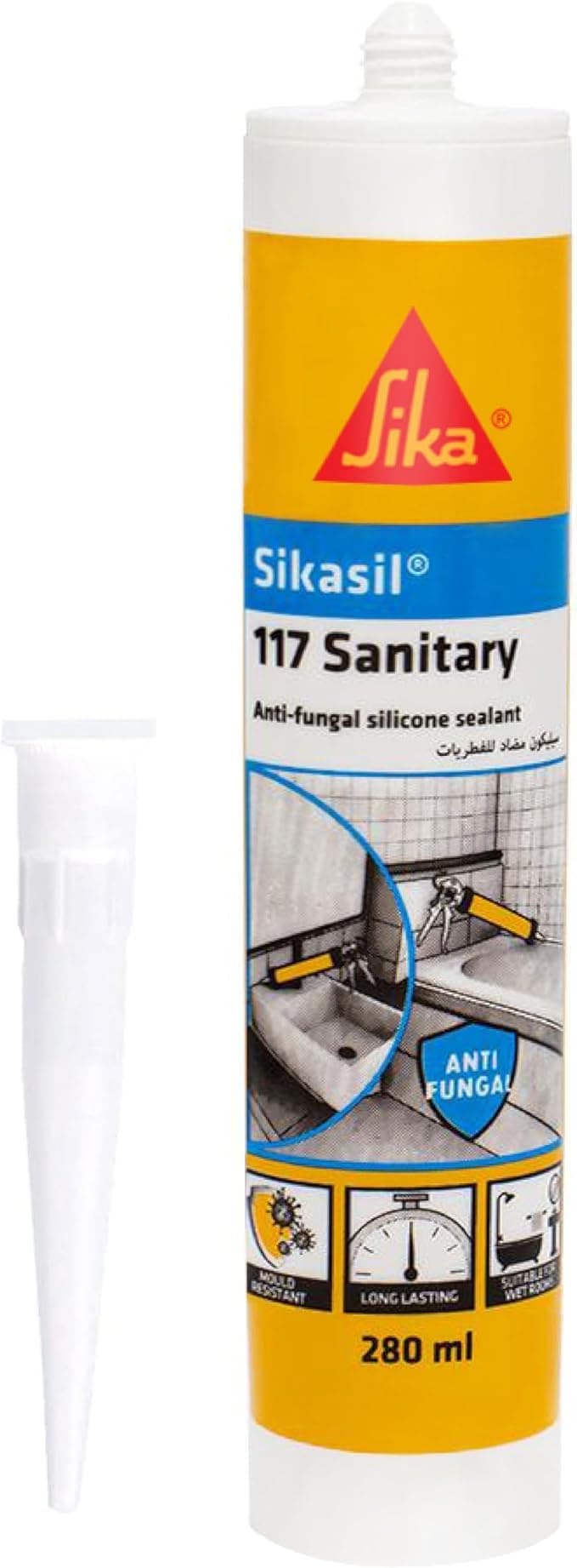 SIKA - Anti-Fungal Acetoxy Silicone Sealant For Sanitary Applications - Sikasil-117 Sanitary White - Weather-Resistant - 280ml Cartridge