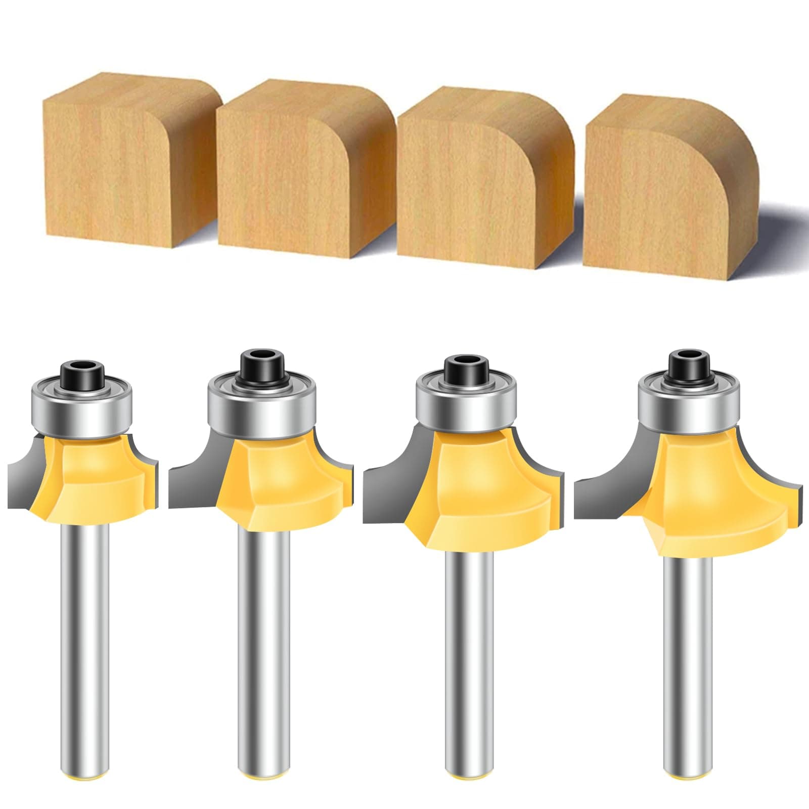 4PCS Router Bit Set Feanron Router Bits 1/4 inch Shank, Roundover Router Bit Cutting Diameter in 1/8", 1/4", 3/16", 5/16", CNC Router Bits Edging Cutter for Woodworking Forming Molding Profiling