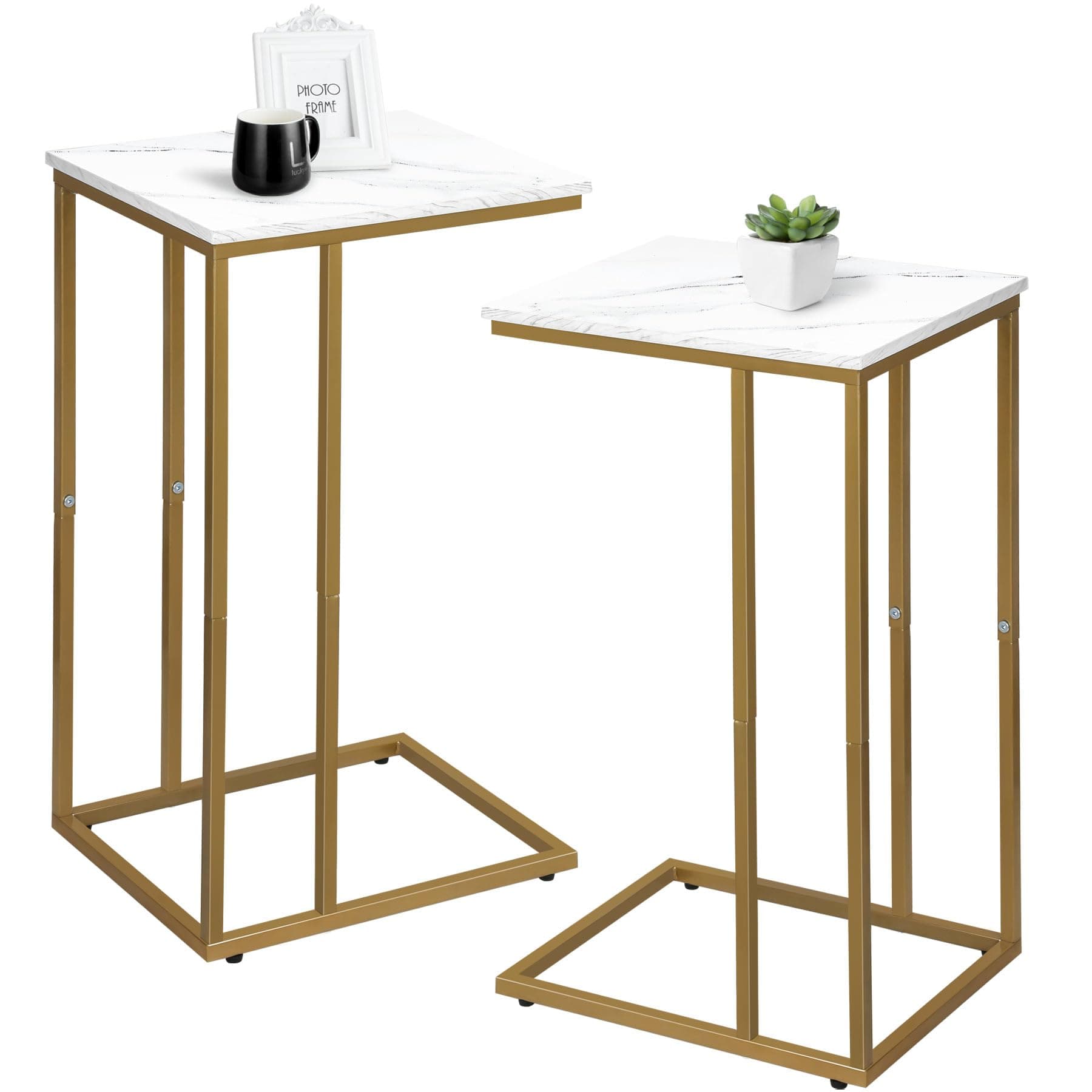 C Shaped End Table Set of 2, Small Side Table for Sofa and Bed, Couch Tables That Slide Under, Snack Side Table for Living Room, Bedroom, White Faux Marble and Gold
