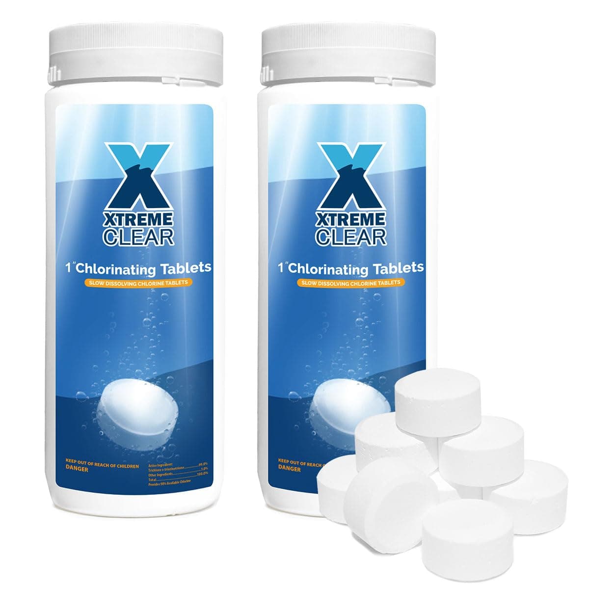 XtremeClear Value Pack 2 Pack 1" Chlorine Tabs, Long-Lasting Stabilized, Swimming Pool, Hot Tubs & Spa, Small Pool Sanitizer - Slow Dissolving Tablet, 3Lbs (1.5Lbs Each Bottle)