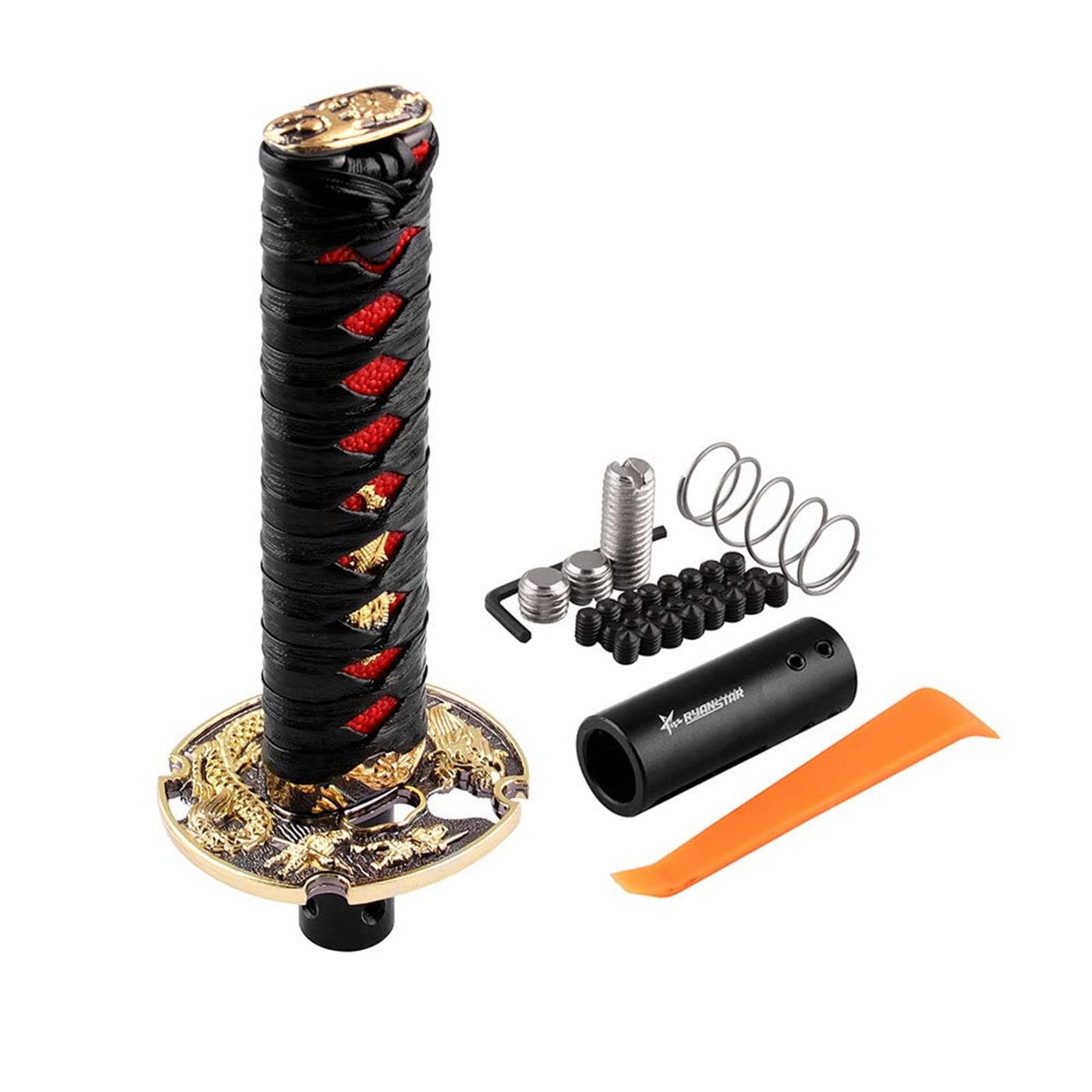 RYANSTAR Samurai Sword Automatic Shift Knob Universal Compatible with Lock/Button Automatic Transmission，Cool Katana Gear Shifter Metal Weighted Black&Red