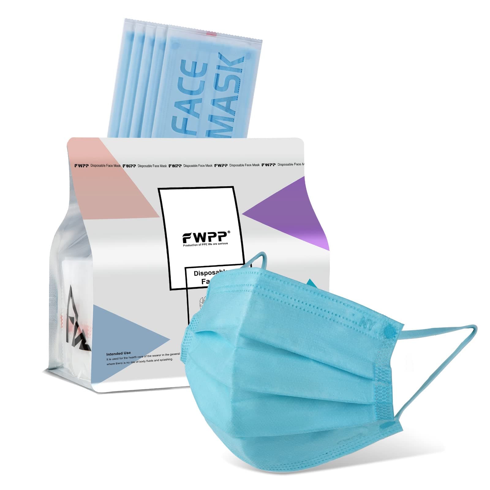 FWPP 4 Layer Individually Wrapped Disposable Face Masks 50 pcs Blue Earloop
