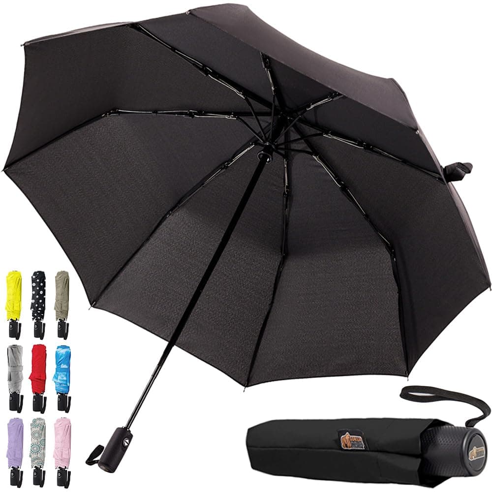 GORILLA GRIP Strong Windproof Stick Compact Umbrella for Rain, One-Click Automatic Open and Close, Durable Quick Dry Waterproof Material, Lightweight and Portable, Travel Size Fits Backpack, Black