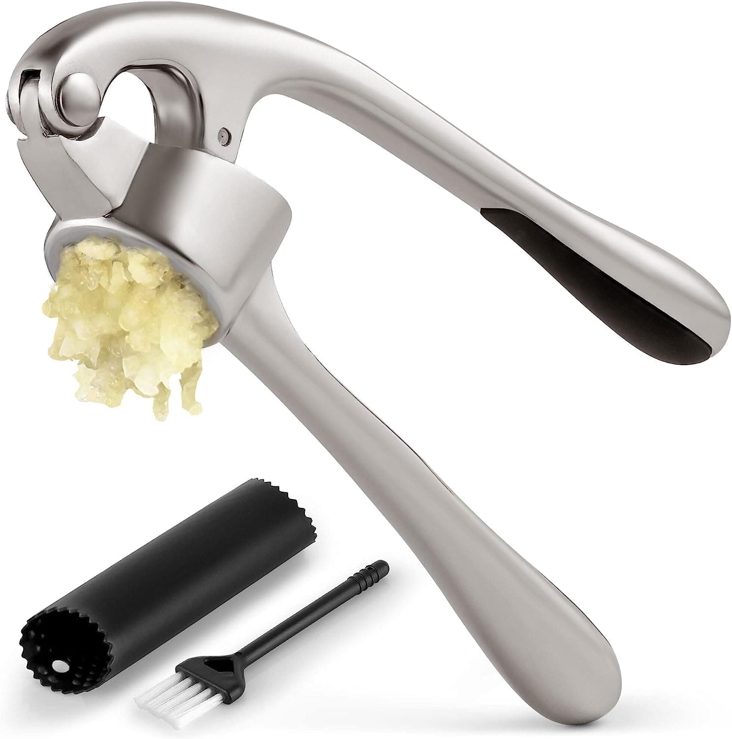 Kitchen Premium Garlic Press with Soft, Easy to Squeeze Handle - Includes Silicone Garlic Peeler & Cleaning Brush - 3 Piece Garlic Mincer Tool - Sturdy Easy to Clean Garlic and Ginger Crusher