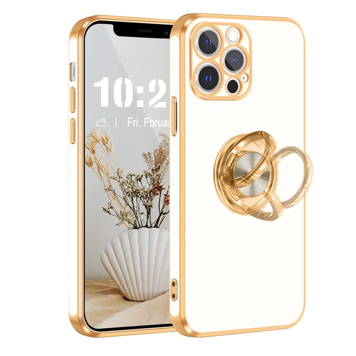 for iPhone 12 Pro Case,for iPhone 12 Pro Phone Case with Stand Ring Holder,360° Rotatable Magnetic Kickstand Shiny Plating Gold Edge Slim Soft TPU Shockproof Protective Case for Women Men,White