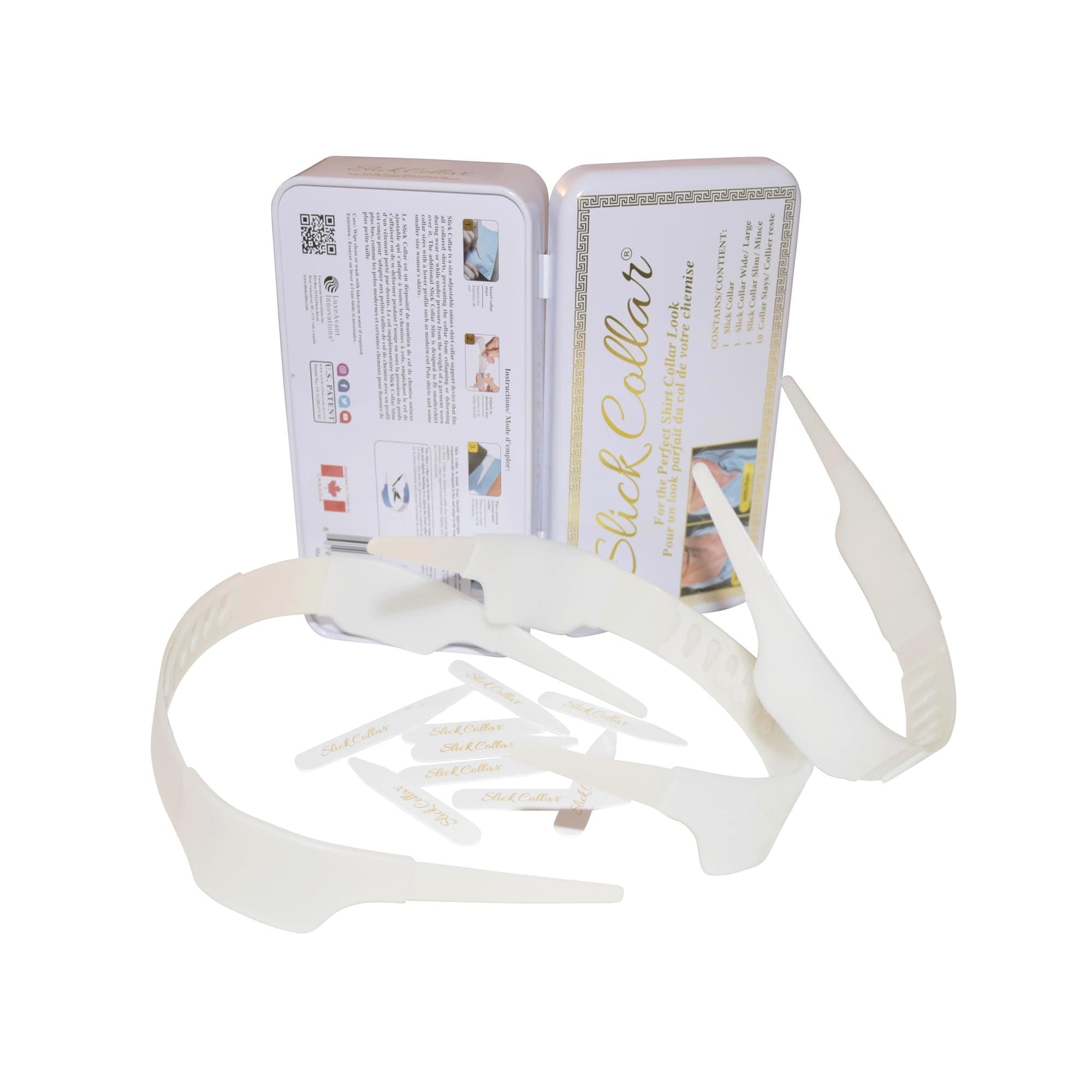 Slick Collar Adjustable Shirt Collar Support System Bundle Set with Collar Stays and EDC Storage Metal Box