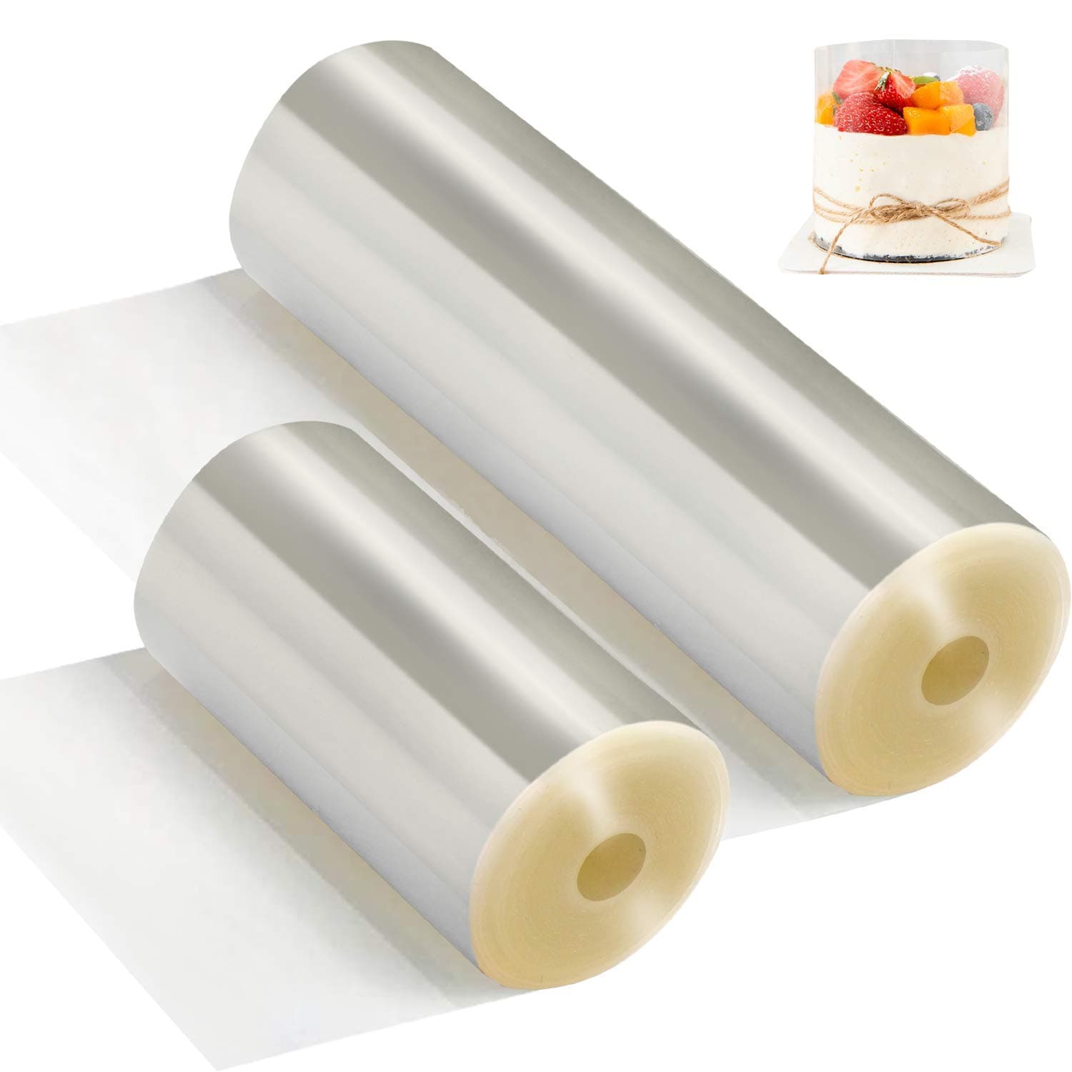 FUNVCE 2 Rolls Cake Collars- Clear Acetate Strips (10cm x 10m, 8cm x 10m) DIY Baking Mousse Surrounding Edge for Cake Decorating, Chocolate Mousse Baking