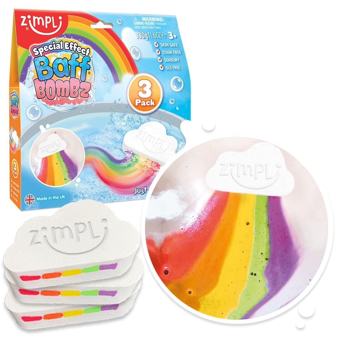 Zimpli Kids 3 x Large Cloud Rainbow Bath Bombs from , Special Effect Bath Bombs for Children, Handmade Bubble Bath Fizzies Gift Set, Organic Moisturising Vegan Friendly and Cruelty Free