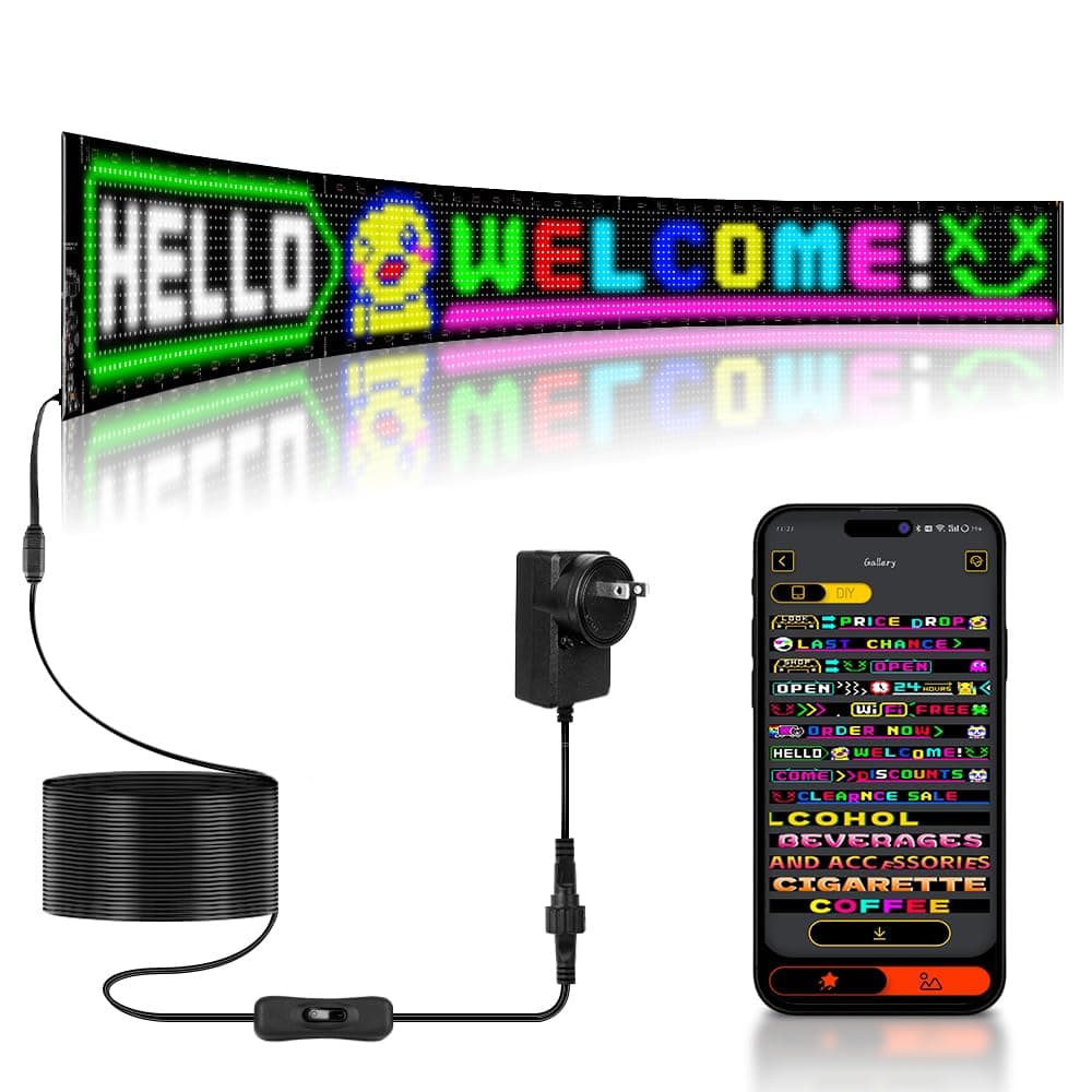 Large Programmable LED Sign, 52"x7.5" Flexible 110V Scrolling Display, Customizable Text, Patterns & Animations, Multi-task Loop Playback for Store, School, Hotel, and Event Sign