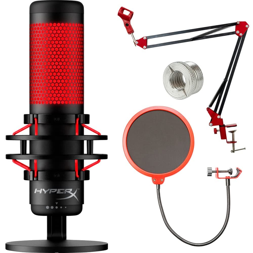 HyperX 4P5P6AA QuadCast Electret USB Condenser Microphone, Black/Red Bundle with Deco Gear Adjustable Mic Suspension Boom Scissor Arm Stand, Screw Thread Adapter and Pop Filter Microphone Wind Screen