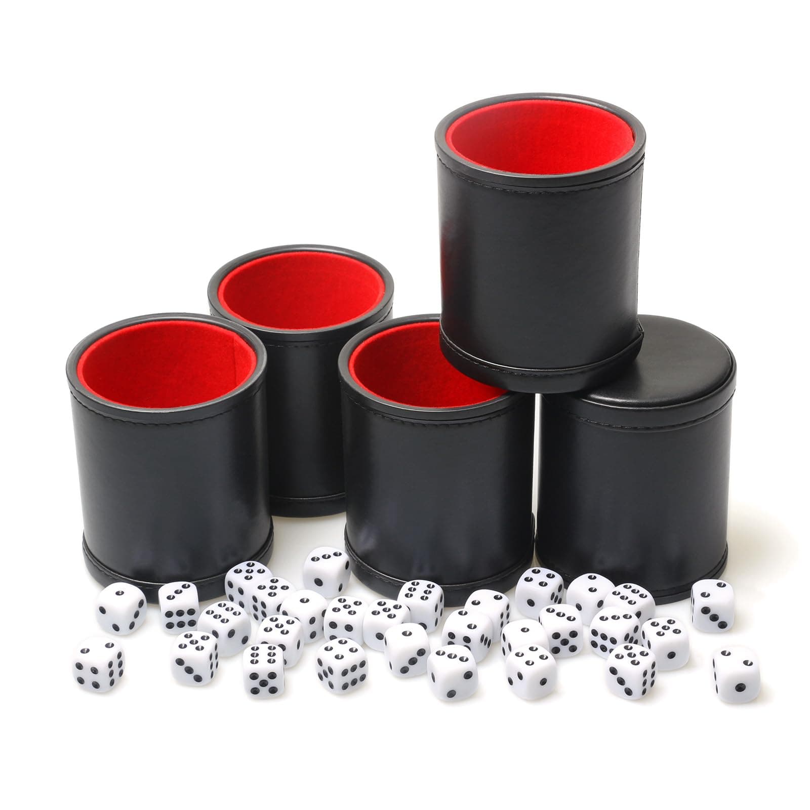 5 Pack PU Leather Dice Cup Set with 6 Dot Dices Felt Lined Quiet Shaker for Yahtzee Bar Party Family Dice Games,Red/Black