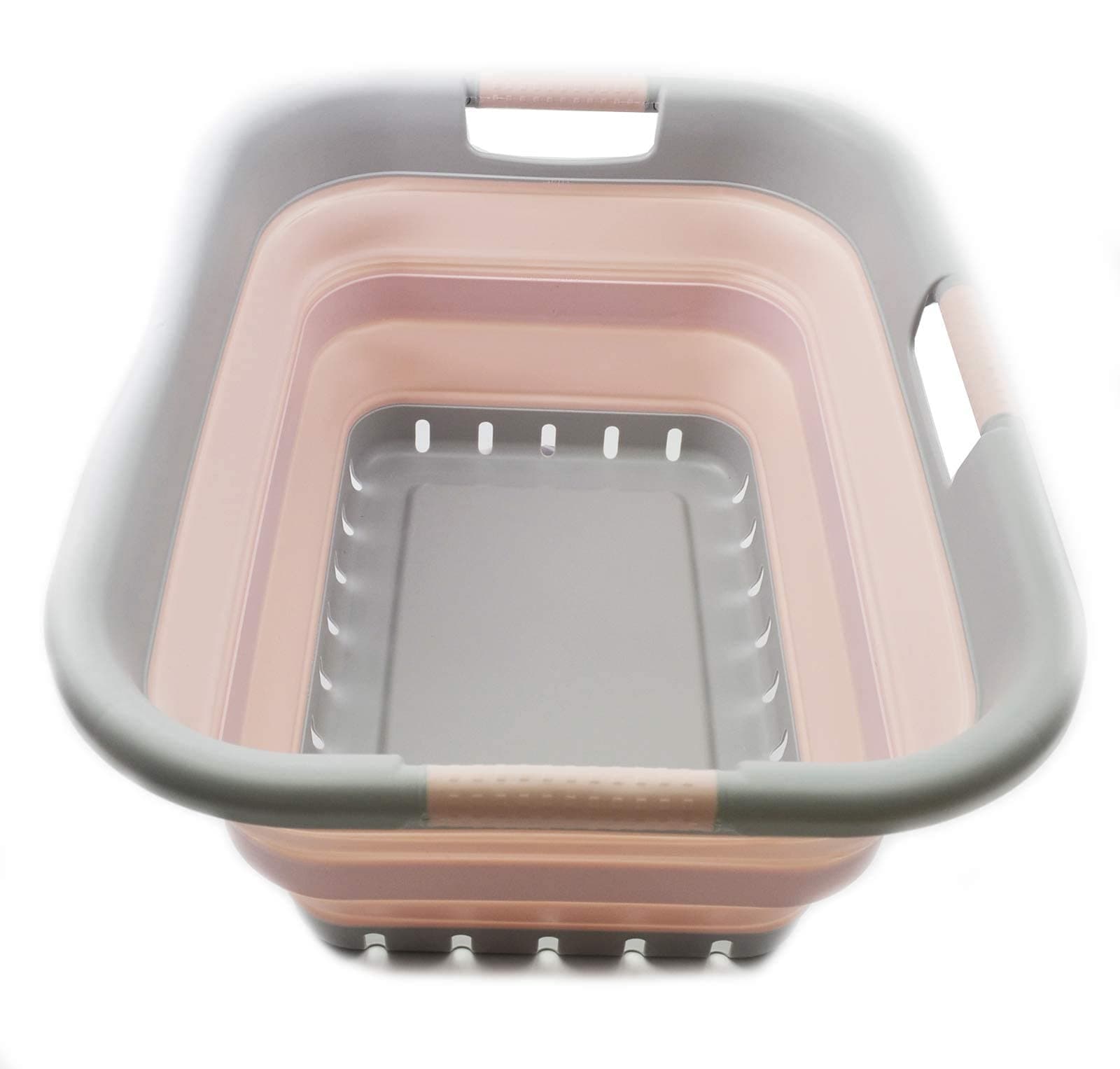 41L Collapsible Plastic Laundry Basket - Foldable Pop Up Storage Container/Organizer - Portable Basket - Space Saving Hamper/Basket (3 handled rectangular, Grey/Pink)