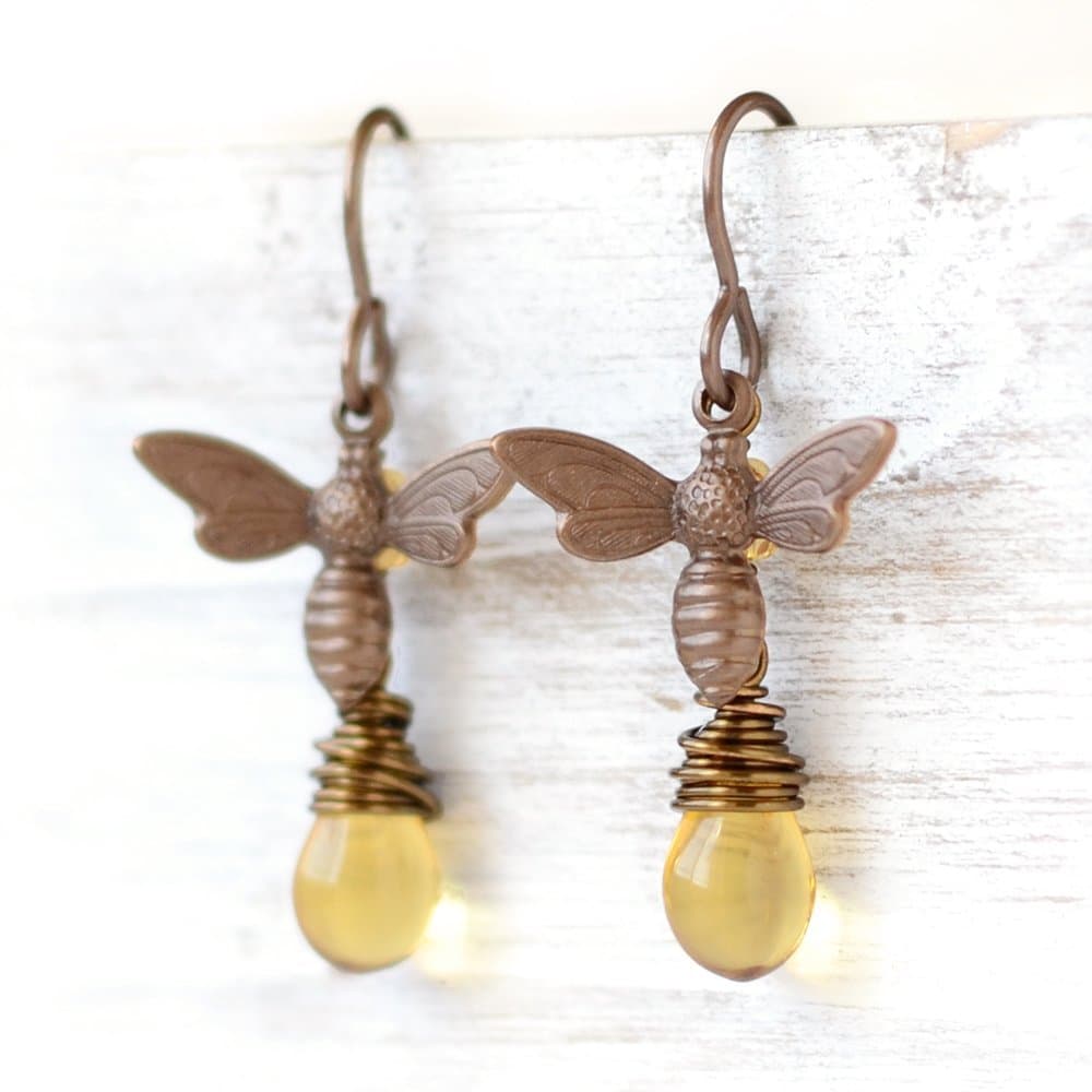 Honey Drop Brass Bee Earrings